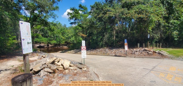 Signs, Troupville Boat Ramp, Little River, 2025:07:30 11:33:18, 30.8513968, -83.3475143 --jsq for WWALS