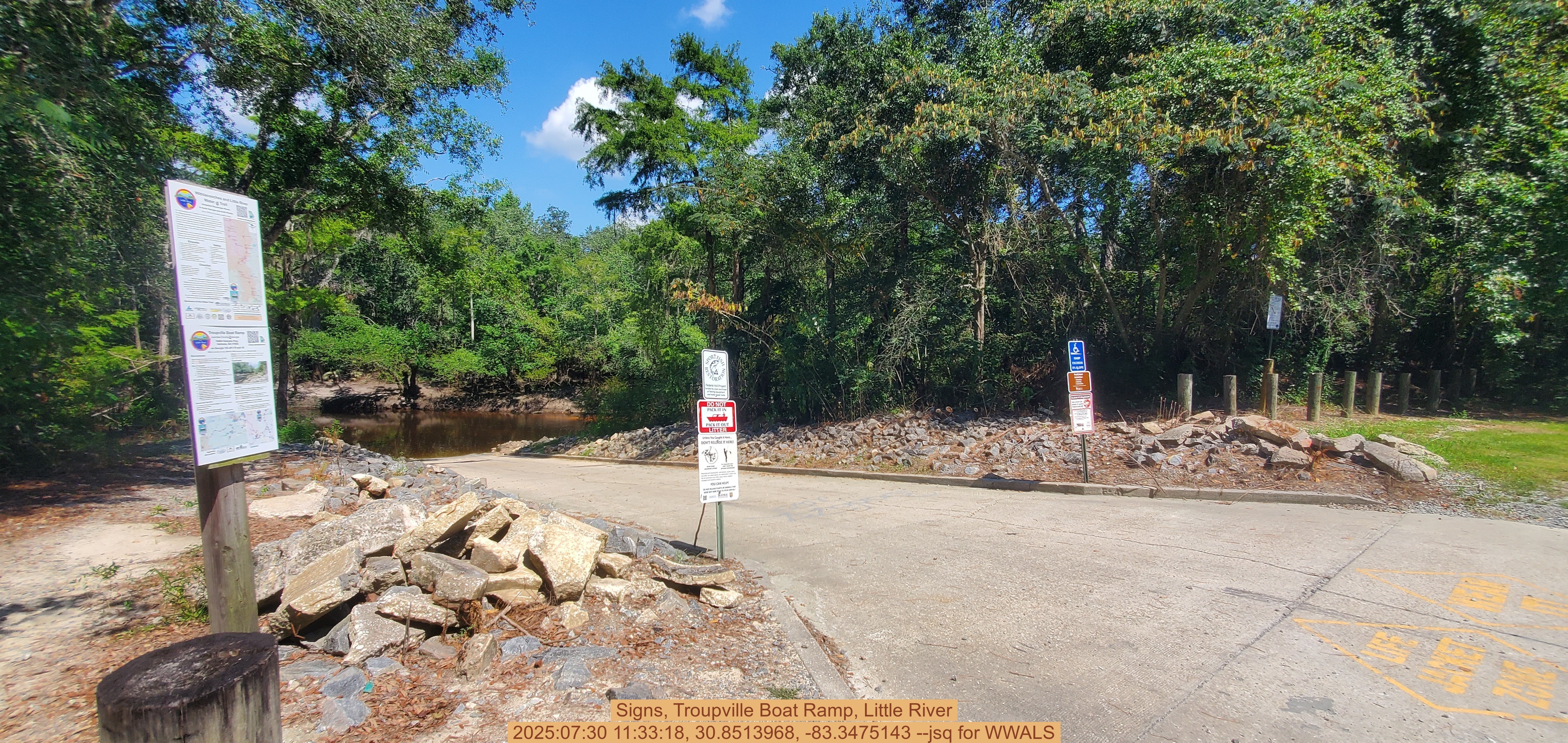 Signs, Troupville Boat Ramp, Little River, 2025:07:30 11:33:18, 30.8513968, -83.3475143 --jsq for WWALS
