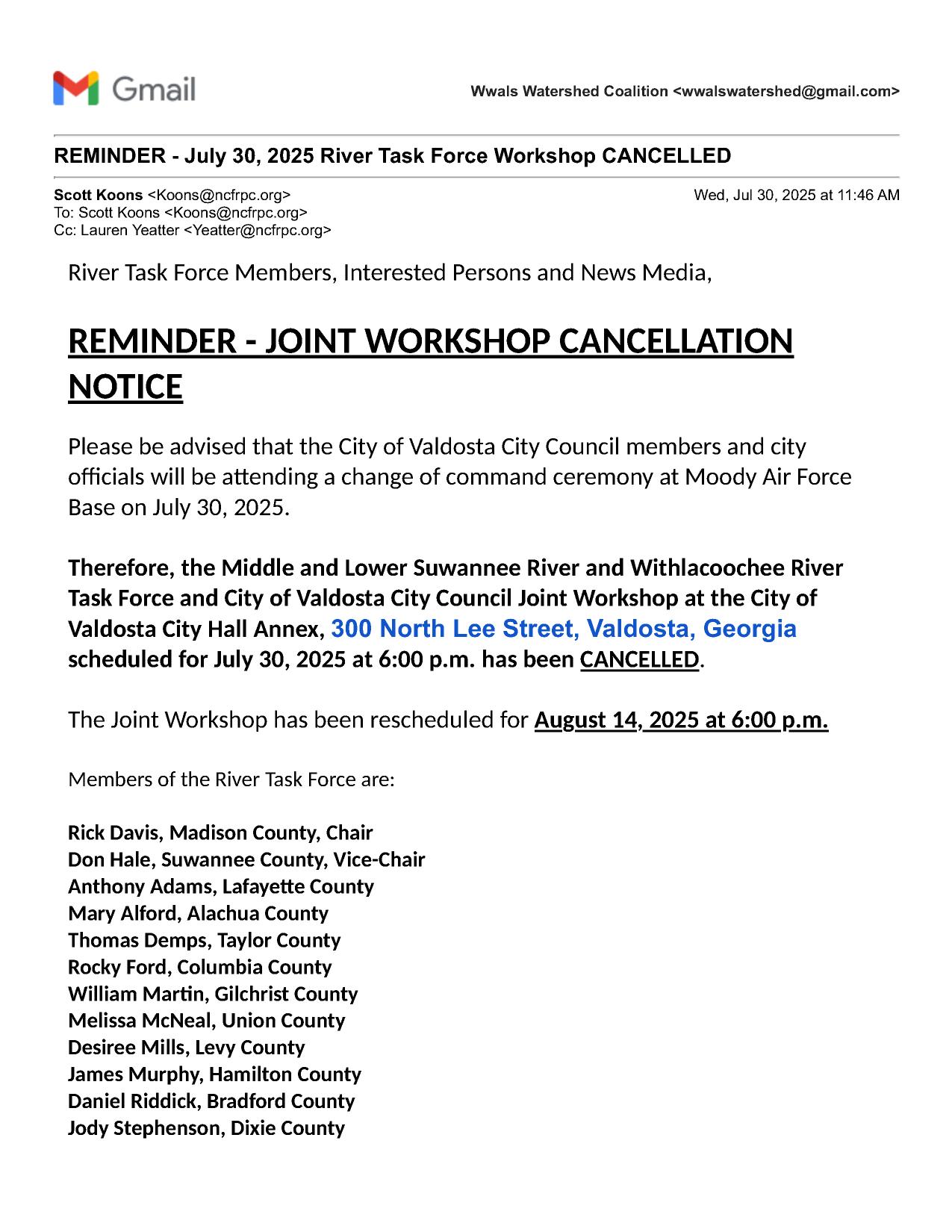 The Joint Workshop has been rescheduled for August 14, 2025 at 6:00 p.m.