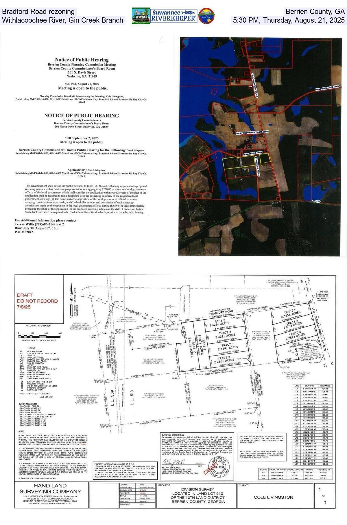 [Bradford Road rezoning, Berrien County, GA, Little River, Gin Creek Branch, 5:30 PM, Thursday, August 21, 2025]