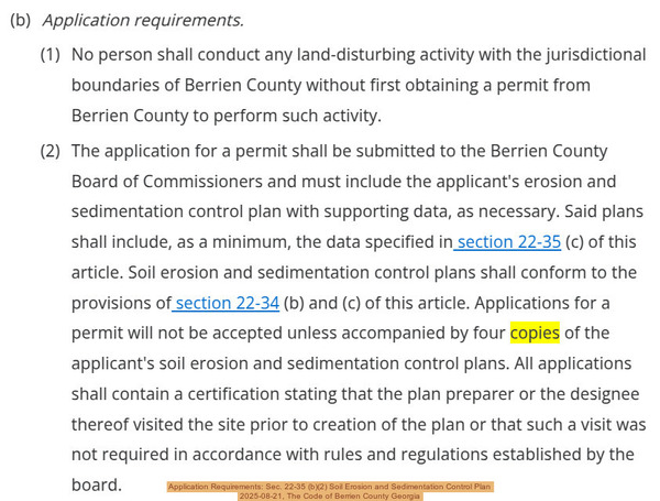 Application Requirements: Sec. 22-35 (b)(2) Soil Erosion and Sedimentation Control Plan, 2025-08-21, The Code of Berrien County Georgia
