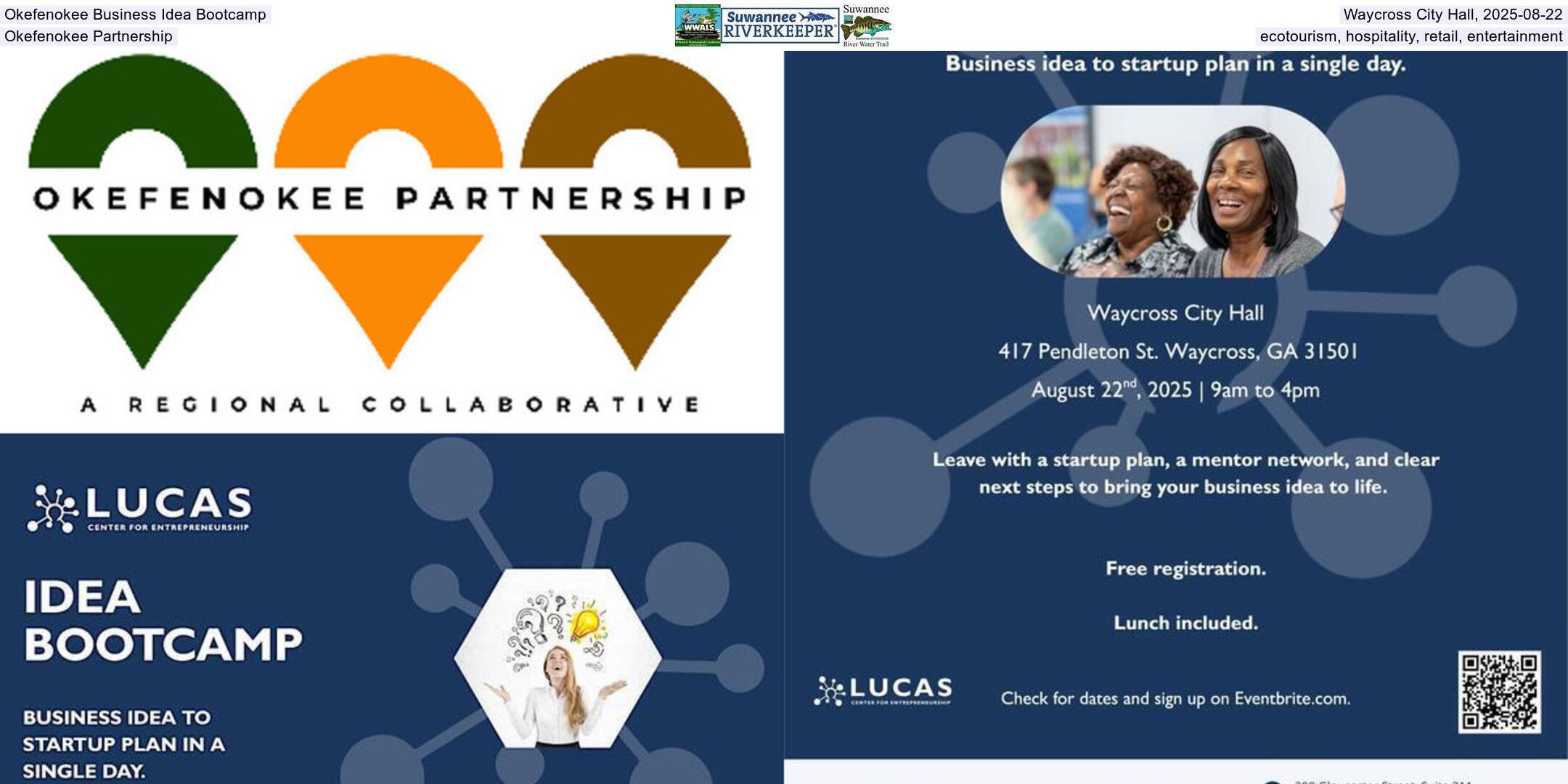 Okefenokee Business Idea Bootcamp, Waycross City Hall, 2025-08-22, Okefenokee Partnership, ecotourism, hospitality, retail, entertainment