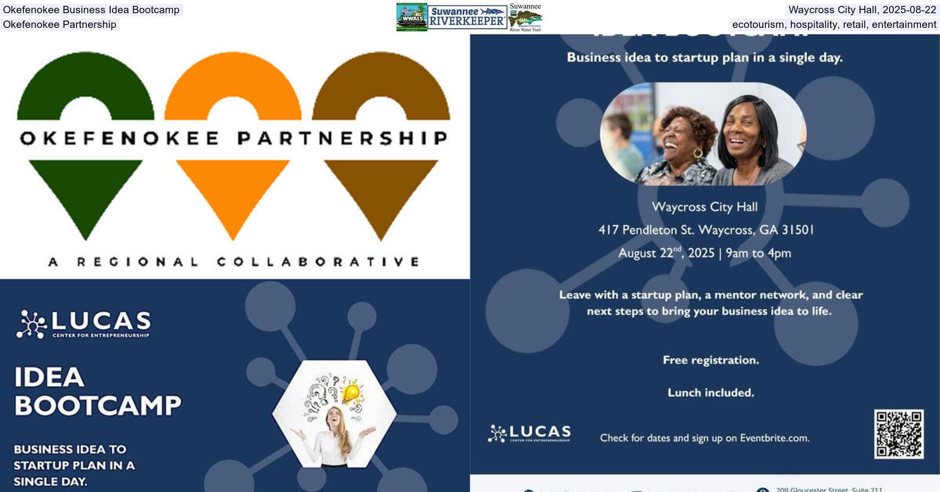 Okefenokee Business Idea Bootcamp, Waycross City Hall, 2025-08-22, Okefenokee Partnership, ecotourism, hospitality, retail, entertainment