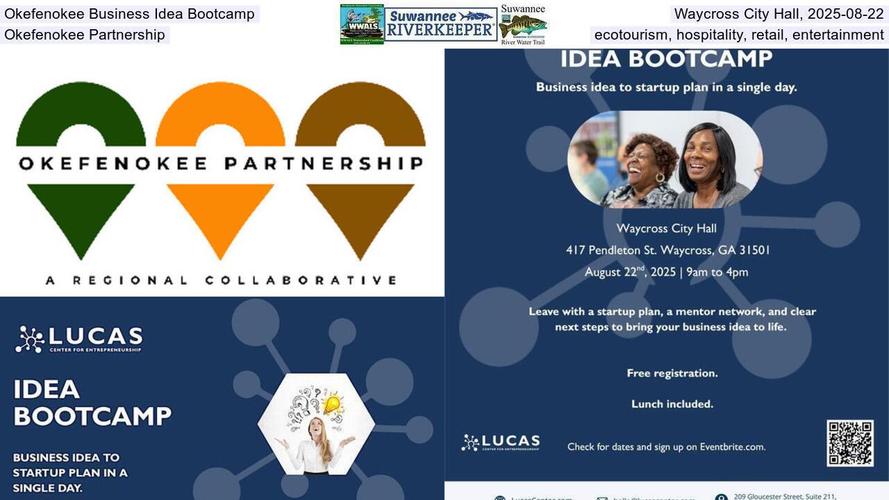 Okefenokee Business Idea Bootcamp, Waycross City Hall, 2025-08-22, Okefenokee Partnership, ecotourism, hospitality, retail, entertainment