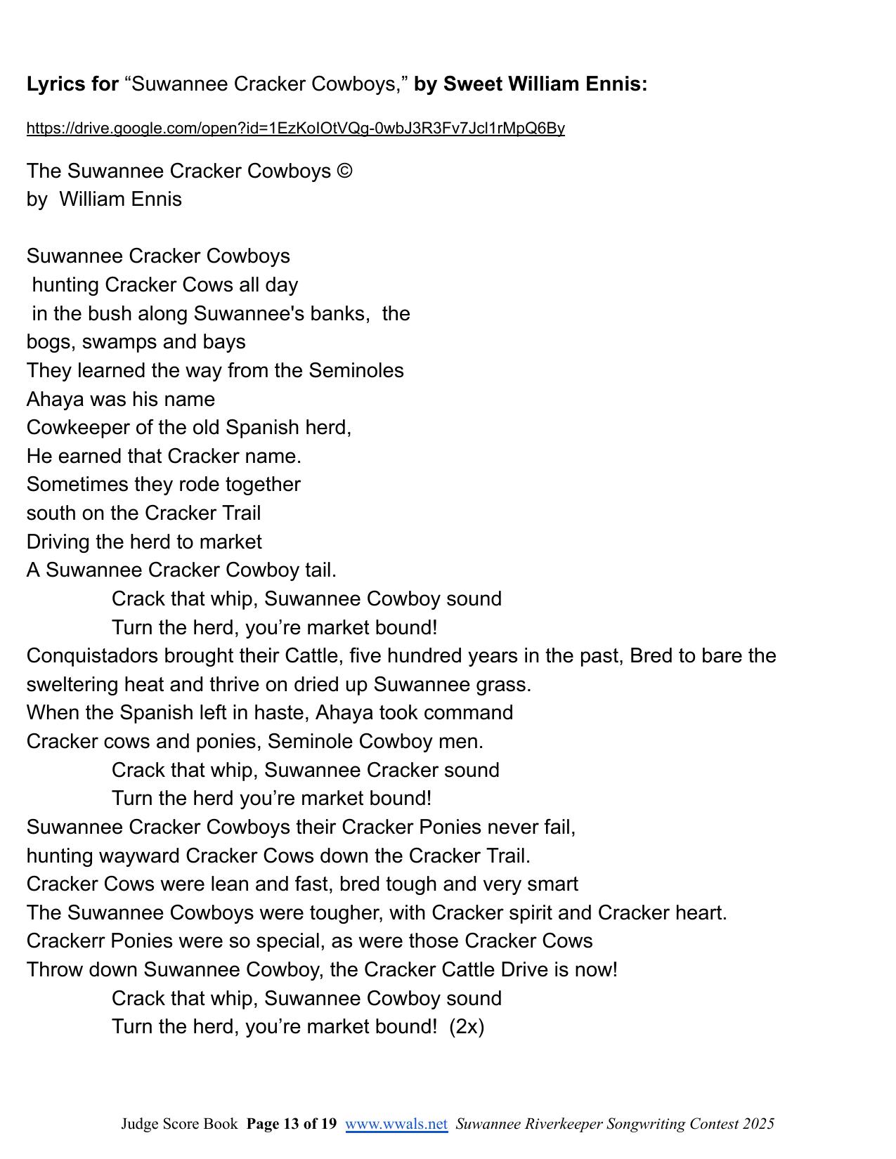 Lyrics, Suwannee Cracker Cowboys, by Sweet William Ennis