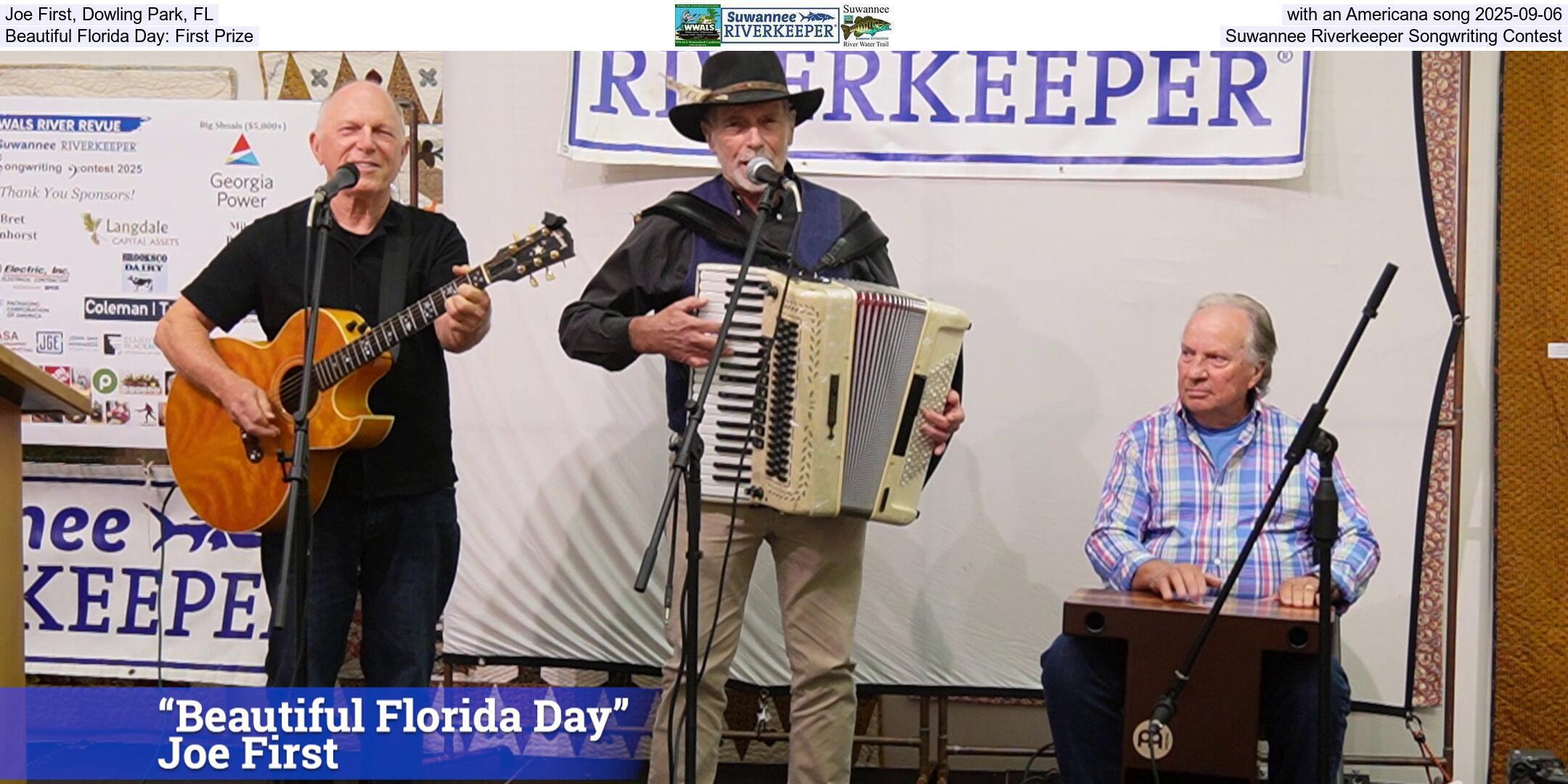 Joe First, Dowling Park, FL, with an Americana song 2025-09-06, Beautiful Florida Day: First Prize, Suwannee Riverkeeper Songwriting Contest