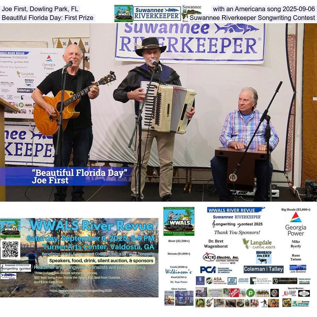 Joe First, Dowling Park, FL, with an Americana song 2025-09-06, Beautiful Florida Day: First Prize, Suwannee Riverkeeper Songwriting Contest