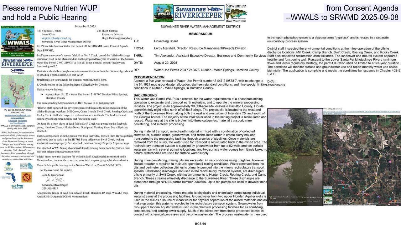 Please remove Nutrien WUP from Consent Agenda and hold a Public Hearing --WWALS to SRWMD 2025-09-08