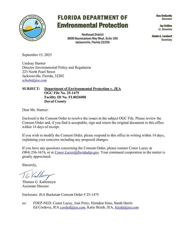 [Cover letter Enclosure: JEA Buckman Consent Order # 25-1475]