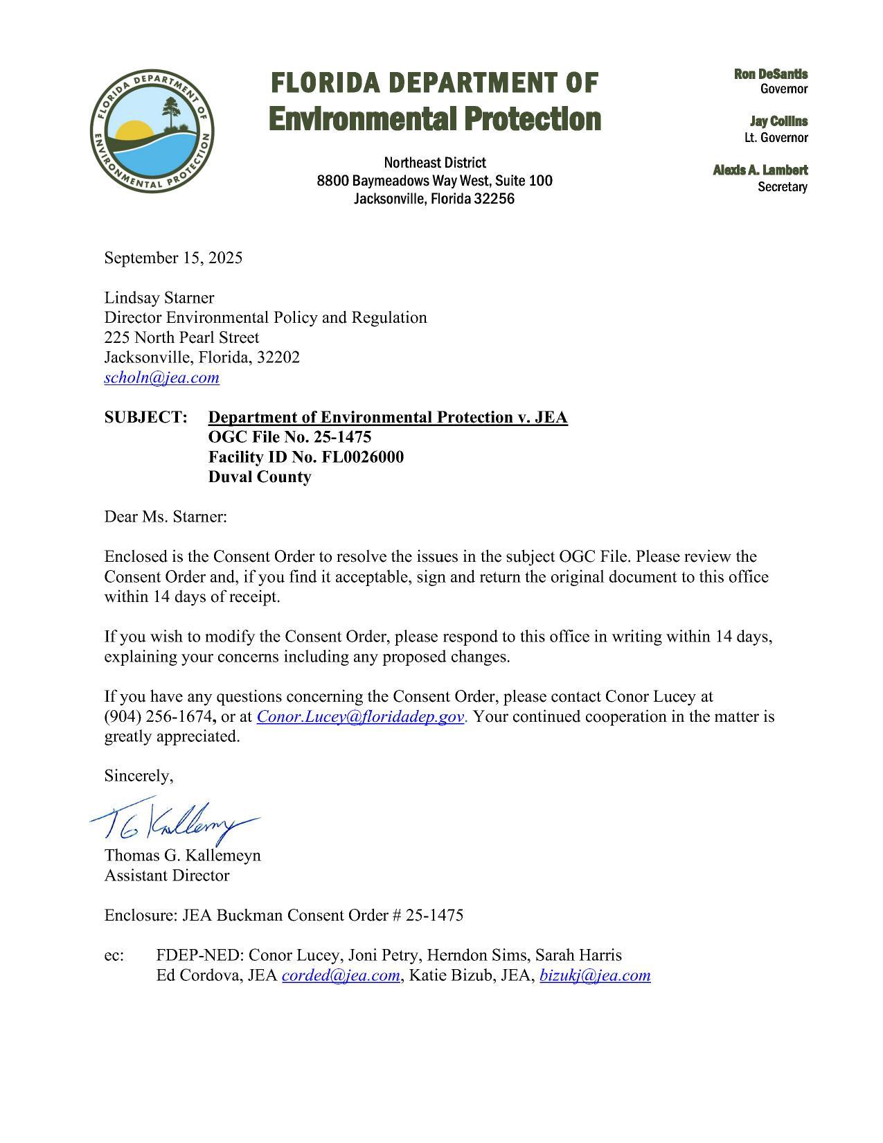 Cover letter Enclosure: JEA Buckman Consent Order # 25-1475