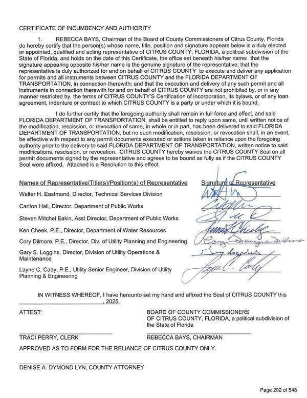 Certificate of Incumbency and Authority about FDOT