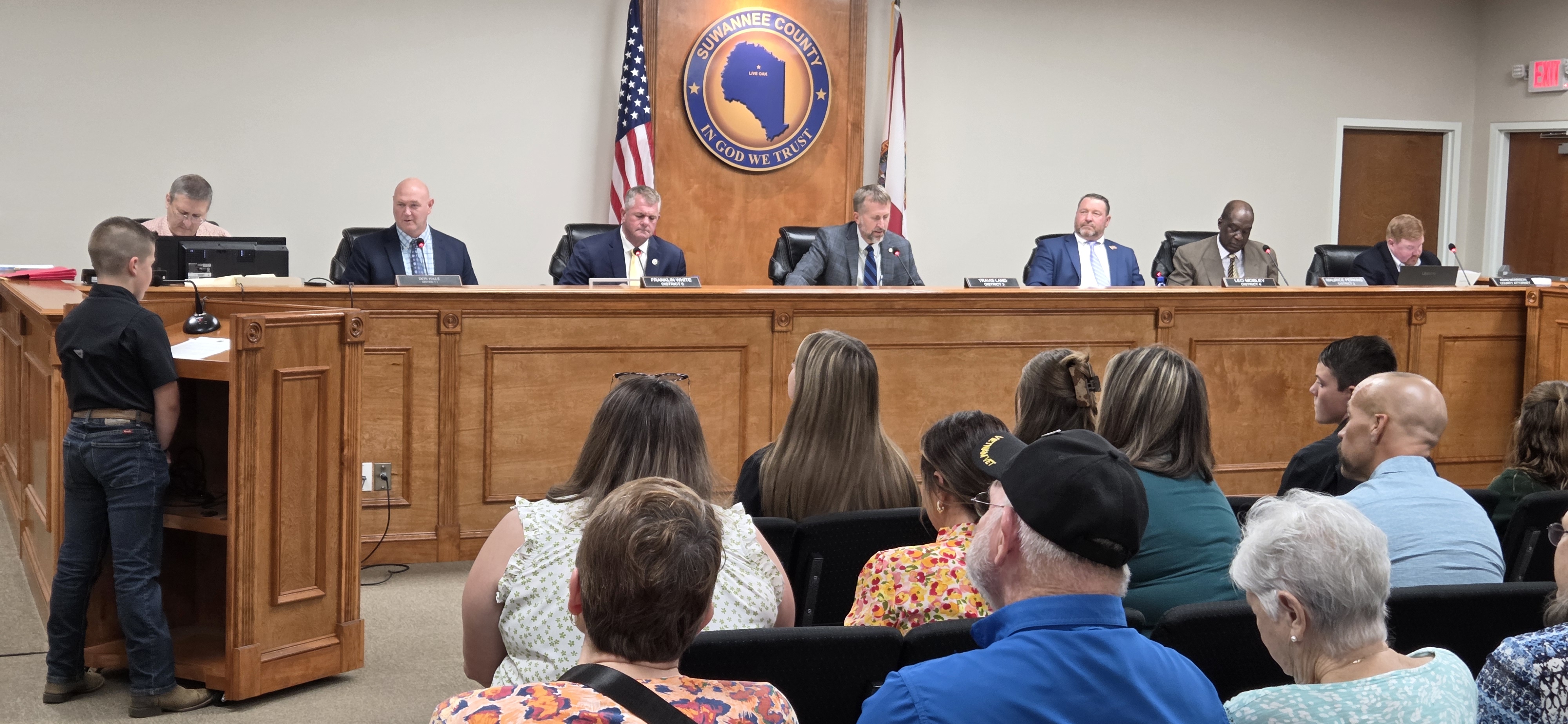 Eric Musgrove, Clerk to Board; Don Hale, District 1; Franklin White, District 5; Travis Land, District 3 and Chairman; Leo Mobley, District 4; Maurice Perkins, District 2; County Attorney Adam L. Morrison; County Administrator Greg Scott off to the right, 2025-10-07 by jsq for WWALS