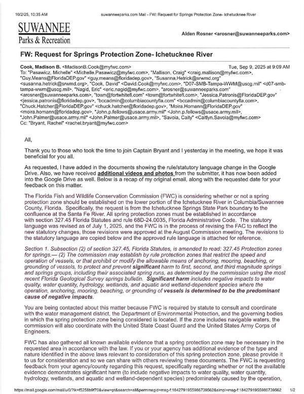 FW: Request for Springs Protection Zone- Ichetucknee River 2025-09-09