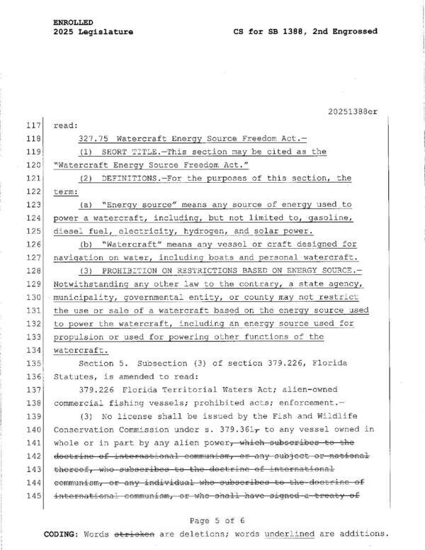 Text of Section 327.75 Watercraft Energy Source Freedom Act