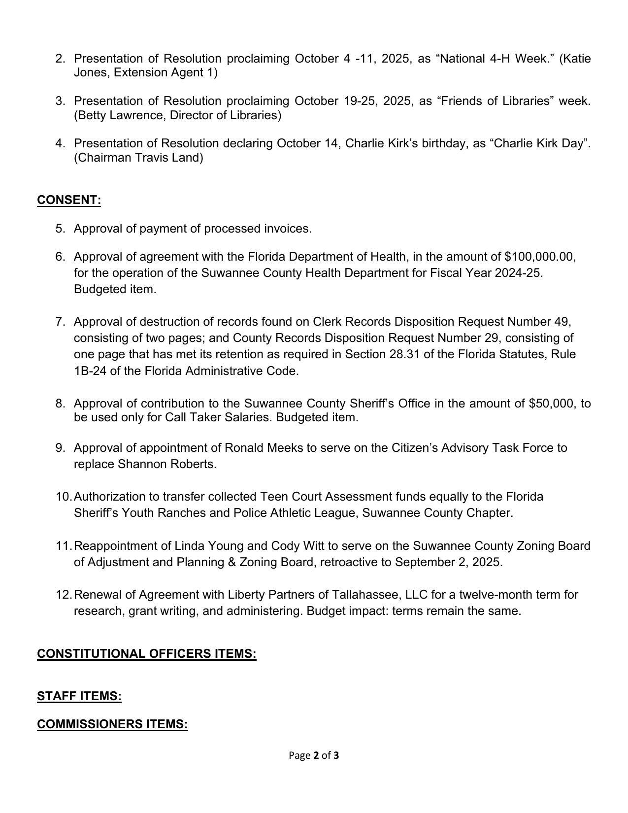 Staff Items (including Lower Ichetucknee River Springs Protection Zone)