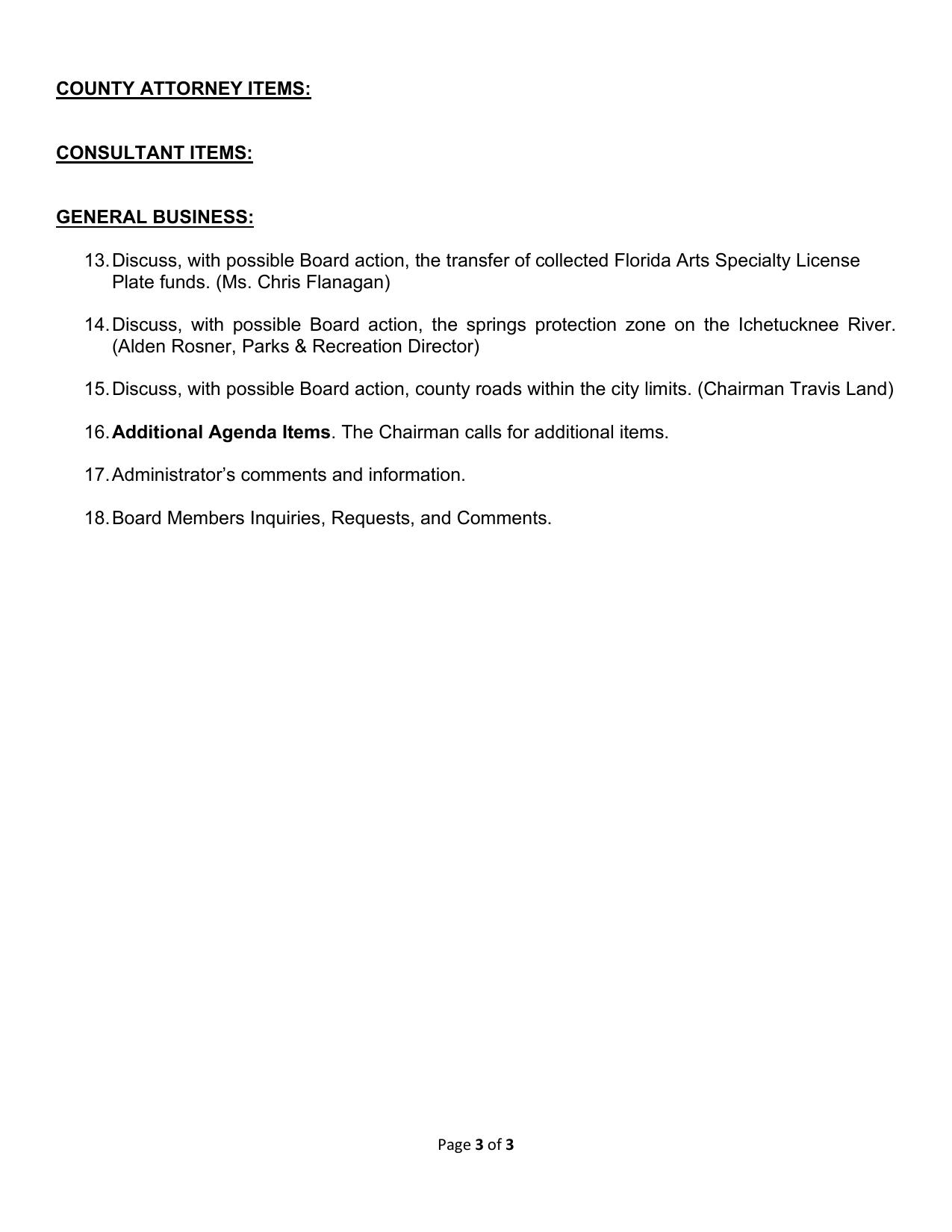 14. Discuss, with possible Board action, the springs protection zone on the Ichetucknee River. (Alden Rosner, Parks & Recreation Director)