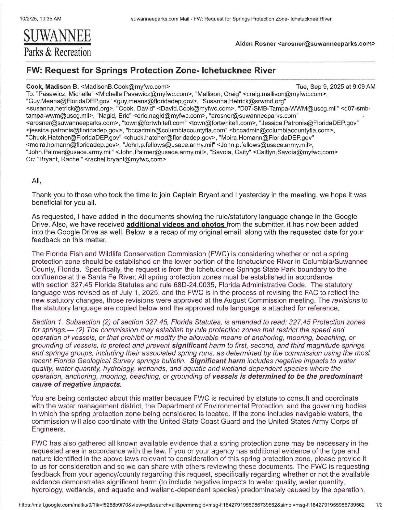 FW: Request for Springs Protection Zone- Ichetucknee River 2025-09-09