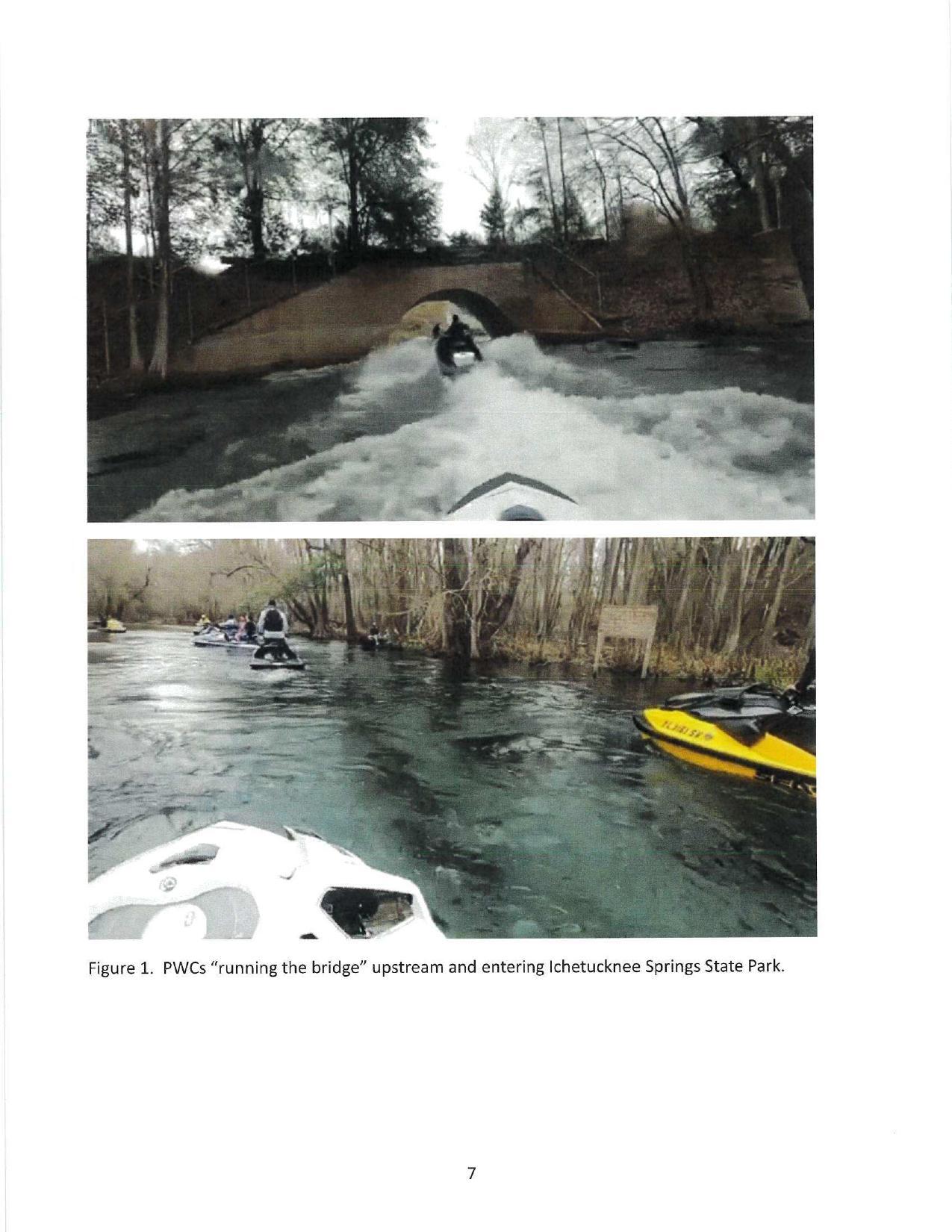 Figure 1. PWCs “running the bridge” upstream and entering Ichetucknee Springs State Park.