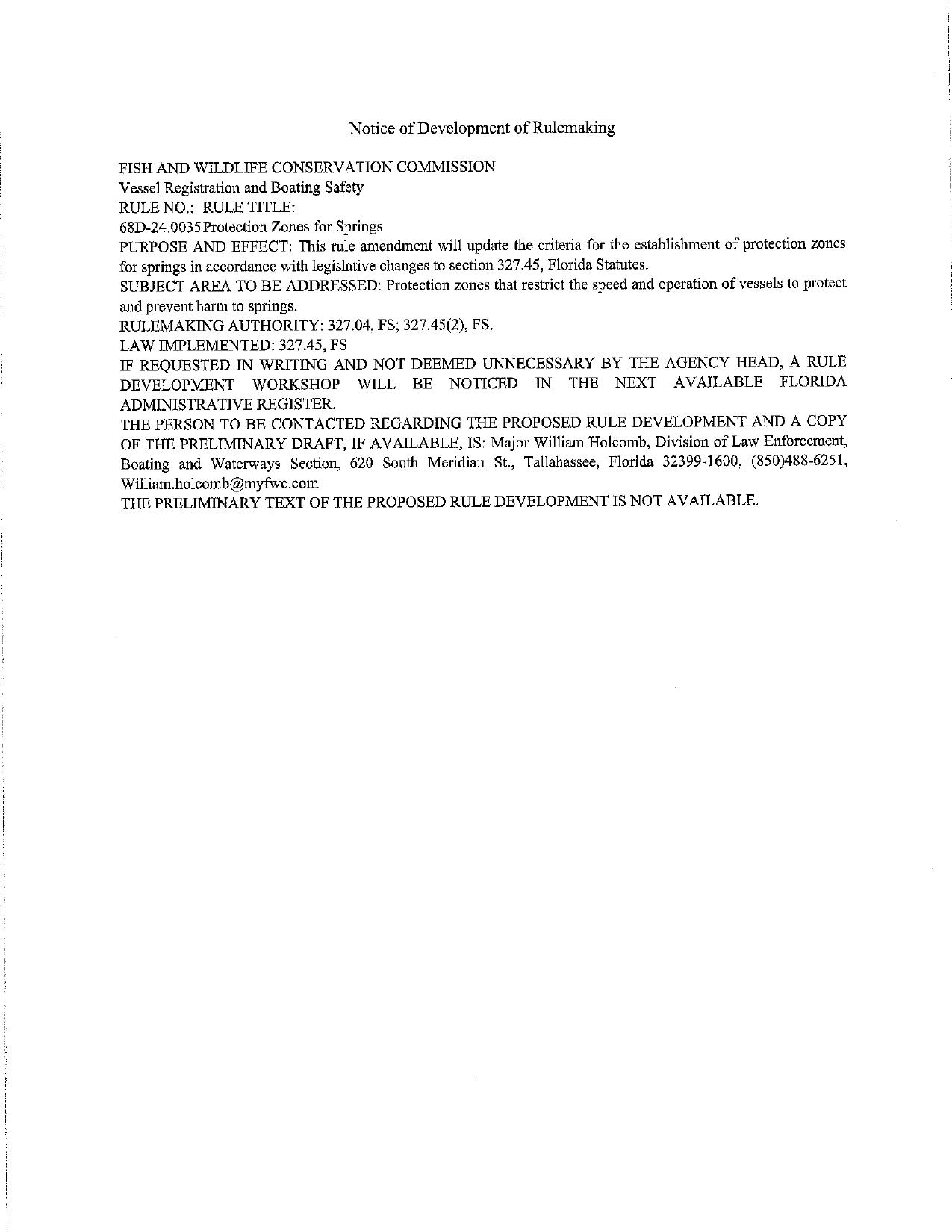 Notice of Development of Rulemaking 68D-24,0035 Protection Zones for Springs