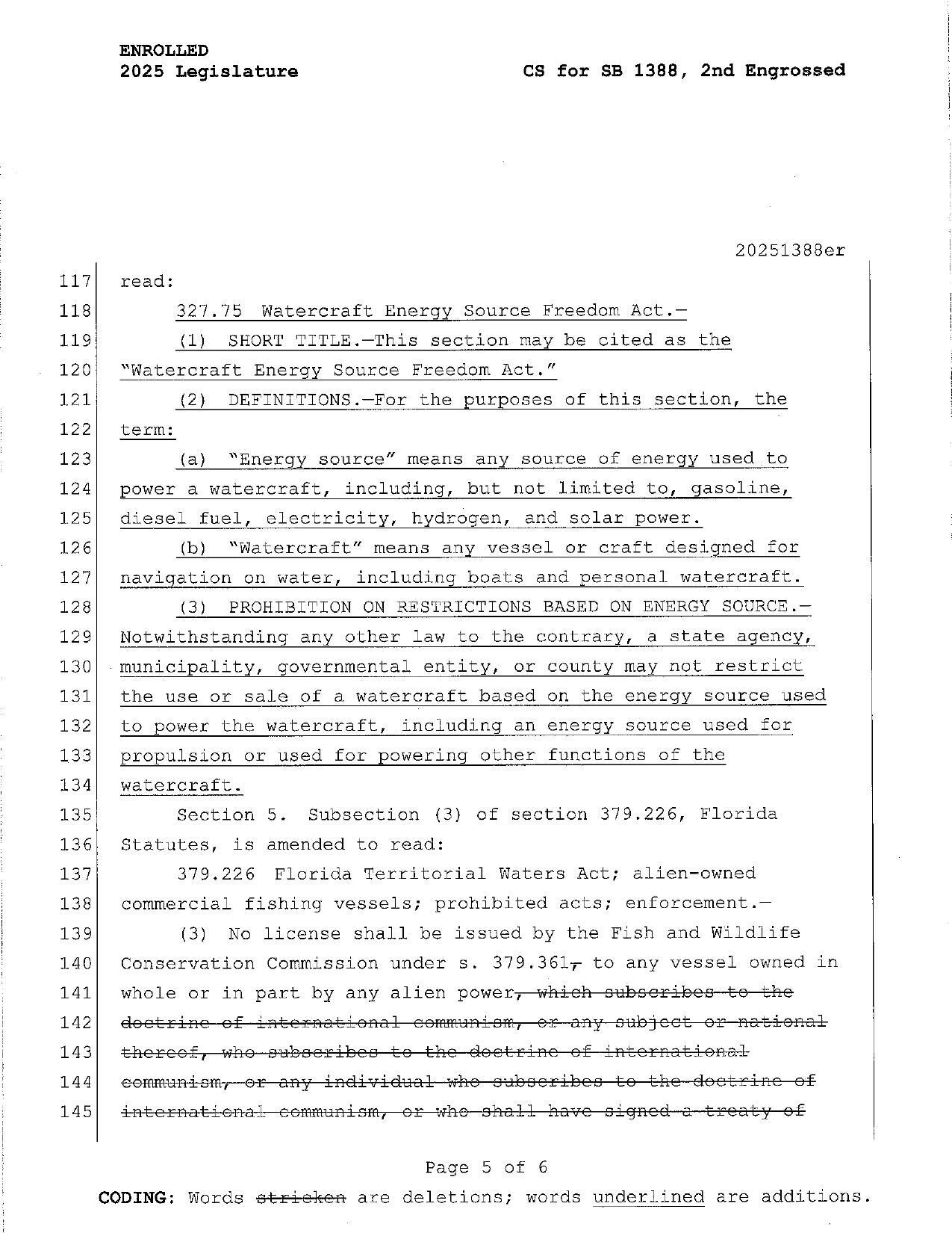 Text of Section 327.75 Watercraft Energy Source Freedom Act
