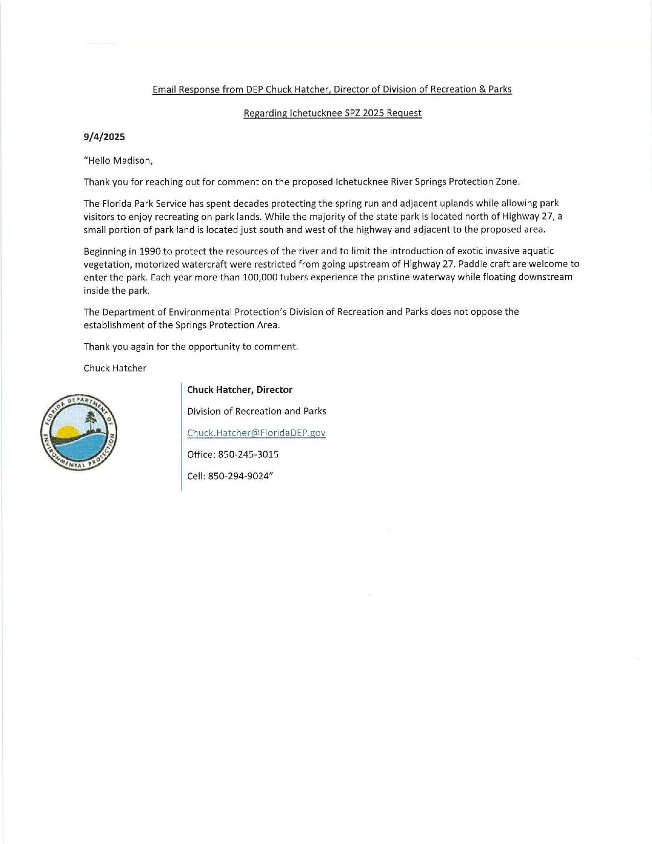 Email Response from DEP Chuck Hatcher, Director of Division of Recreation & Parks