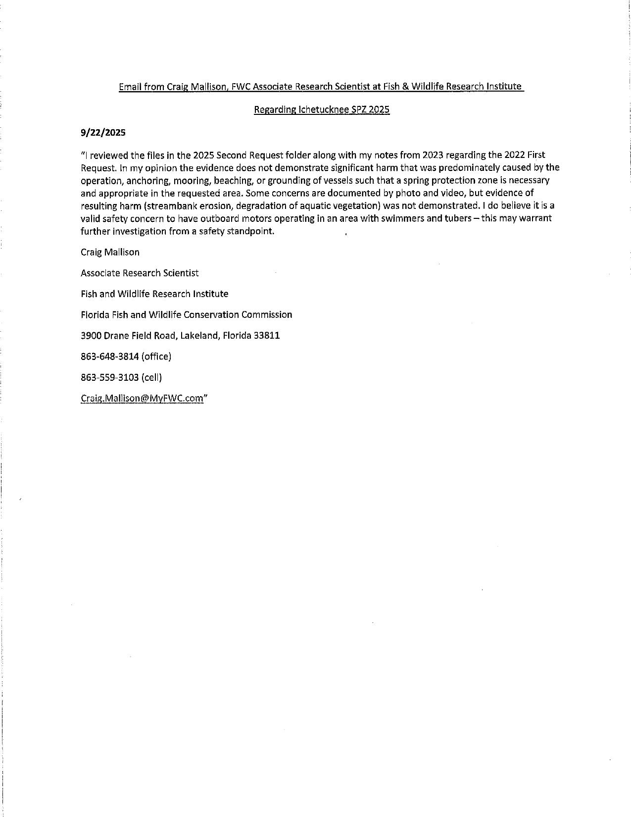 Email from Craig Mallison, FWC Associate Research Scientist at Fish & Wildlife Research Institute