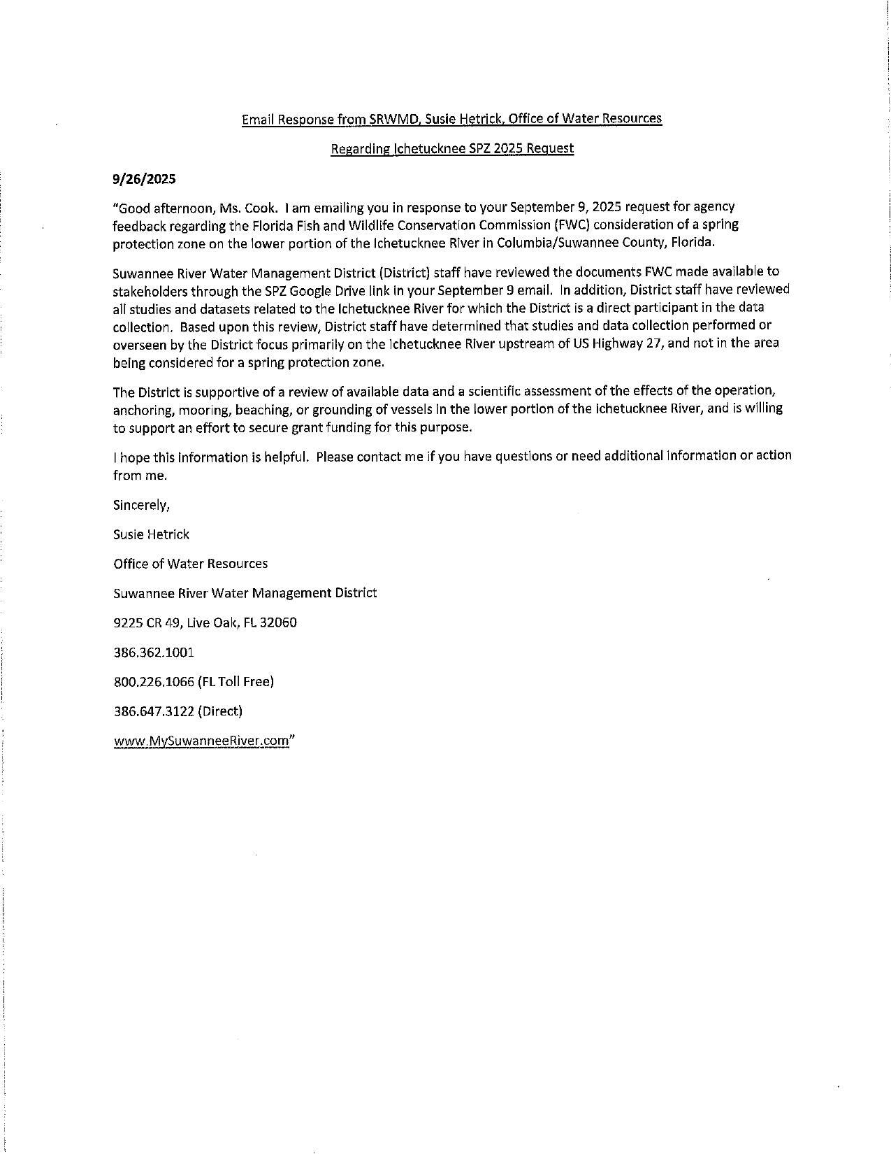 Email Response from SRWMD, Susie Hetrick, Office of Water Resources