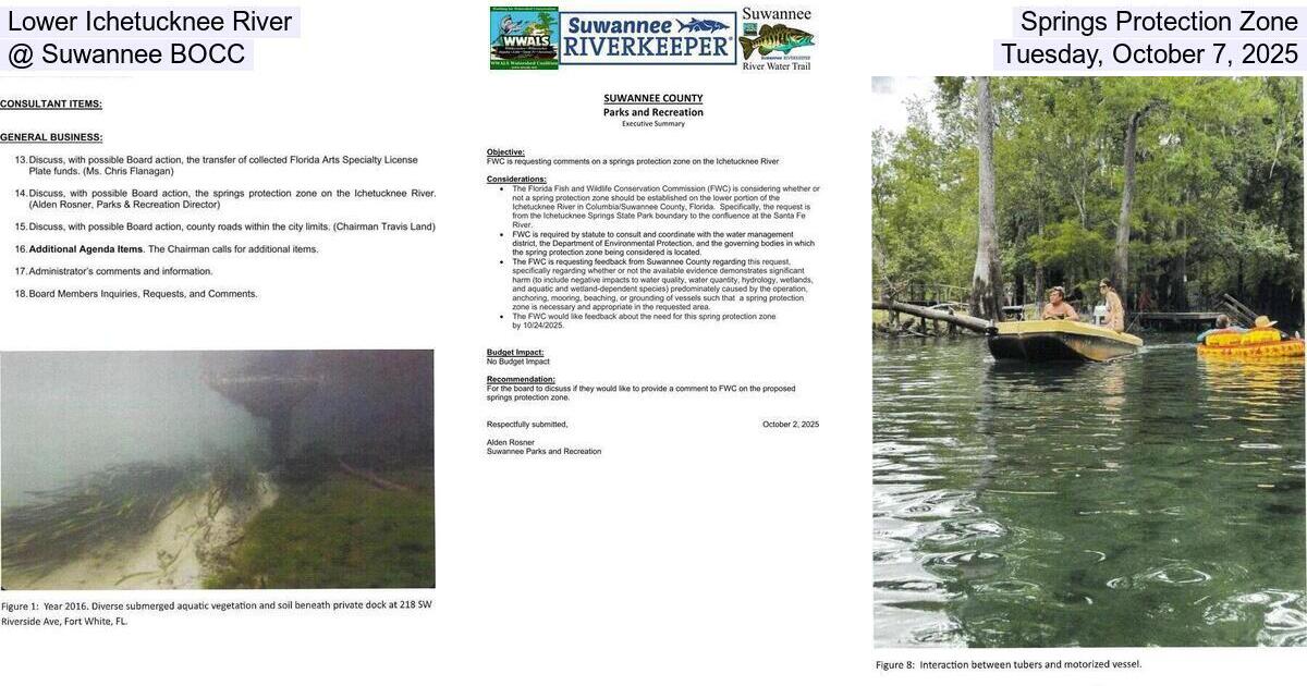 Lower Ichetucknee River Springs Protection Zone @ Suwannee BOCC, Tuesday, October 7, 2025