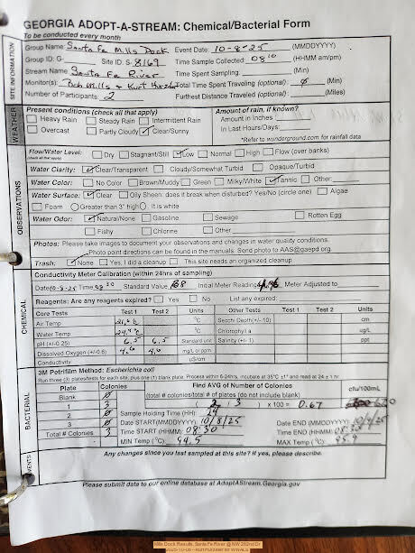 Mills Dock Results, Santa Fe River @ NW 282nd Dr 2025-10-08 --Kurt Hurzeler for WWALS