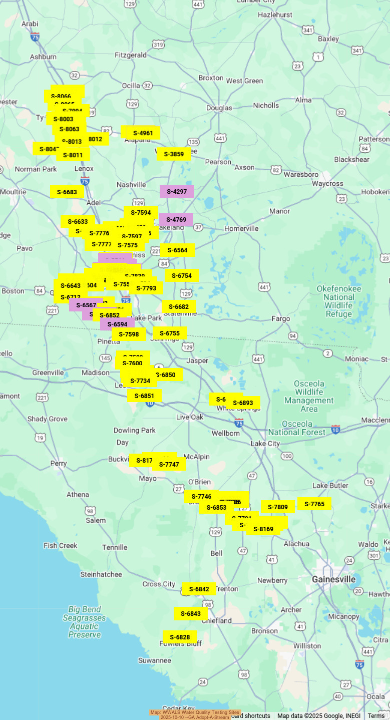 Map: WWALS Water Quality Testing Sites, 2025-10-10 --GA Adopt-A-Stream