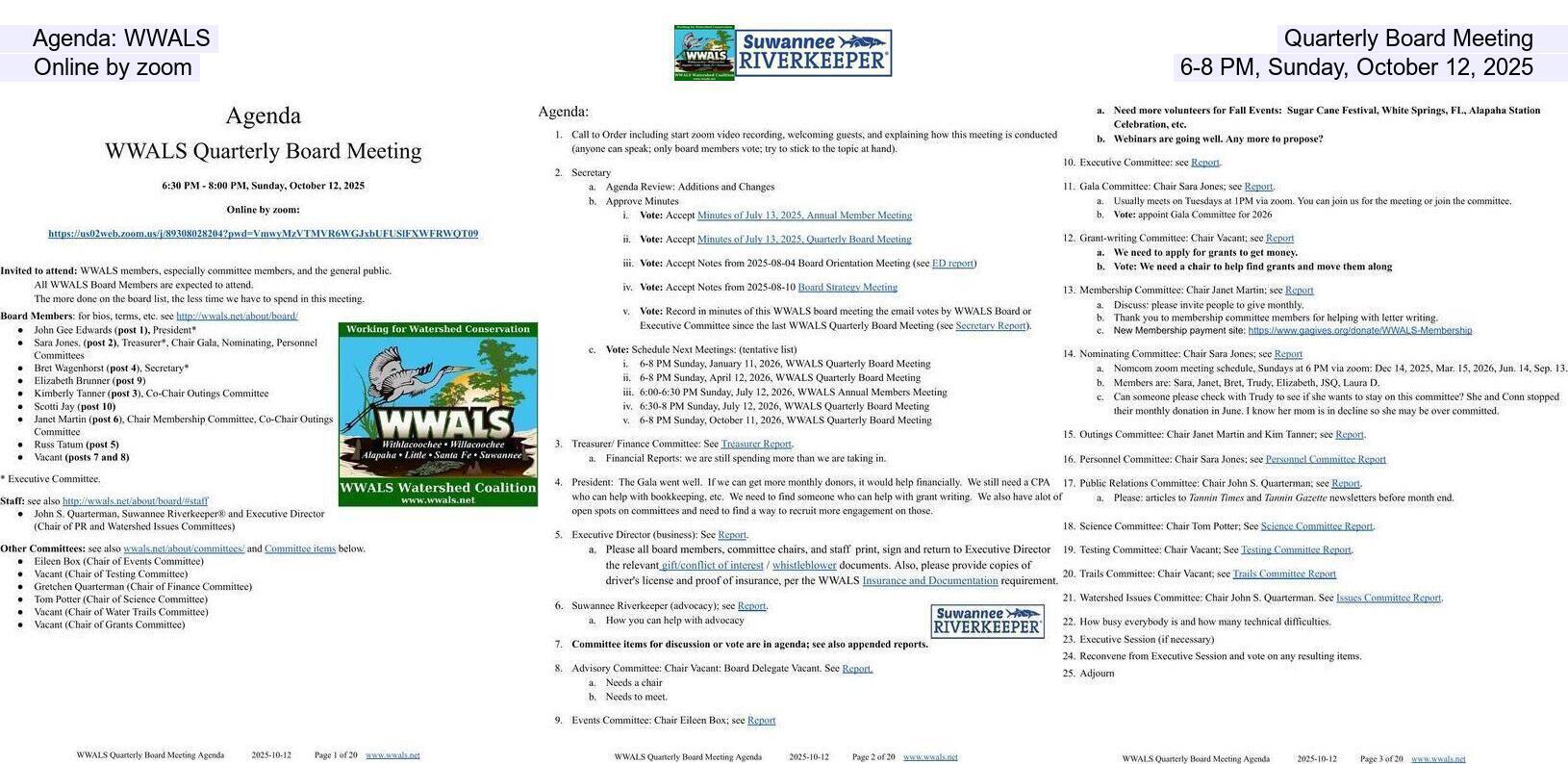 Agenda: WWALS, Quarterly Board Meeting , Online by zoom, 6-8 PM, Sunday, October 12, 2025