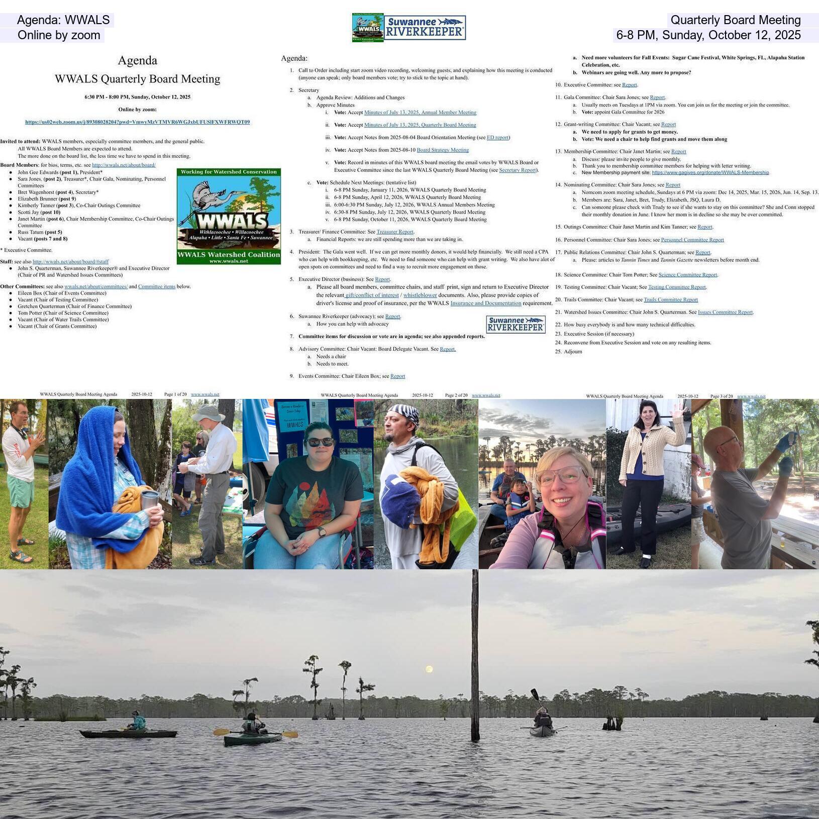 Agenda: WWALS, Quarterly Board Meeting , Online by zoom, 6-8 PM, Sunday, October 12, 2025