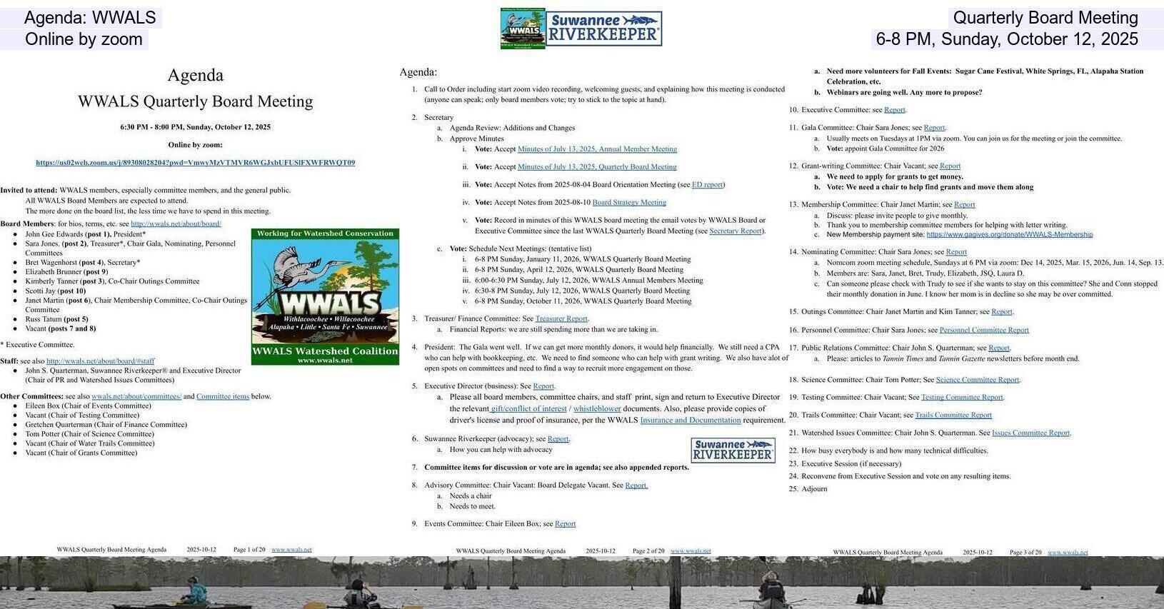 Agenda: WWALS, Quarterly Board Meeting , Online by zoom, 6-8 PM, Sunday, October 12, 2025