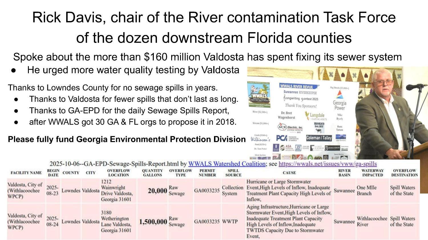 Rick Davis, chair of the River contamination Task Force of the dozen downstream Florida counties: require more testing