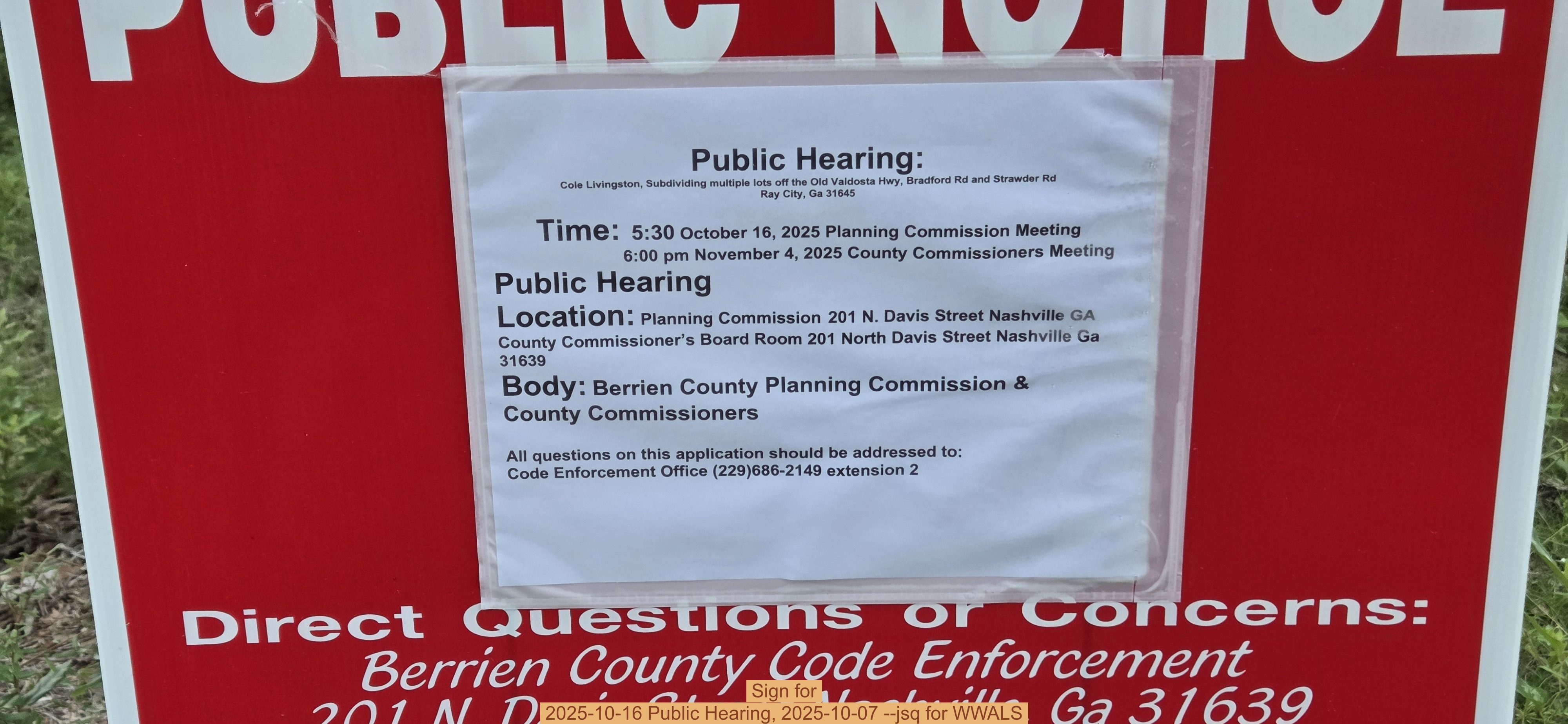 Sign for 2025-10-16 Public Hearing, 2025-10-07 --jsq for WWALS