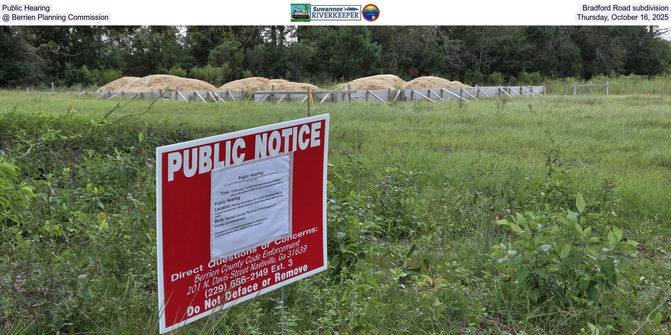 Public Hearing, Bradford Road subdivision @ Berrien Planning Commission, Thursday, October 16, 2025