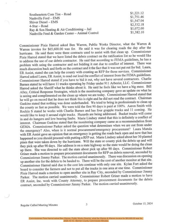Commissioner Pixie Harrod asked Ben Warren, Public Works Director, what the Warren & Warren invoice for \$65,600.00 was for., 2025-10-15 --Berrien County Commission Minutes