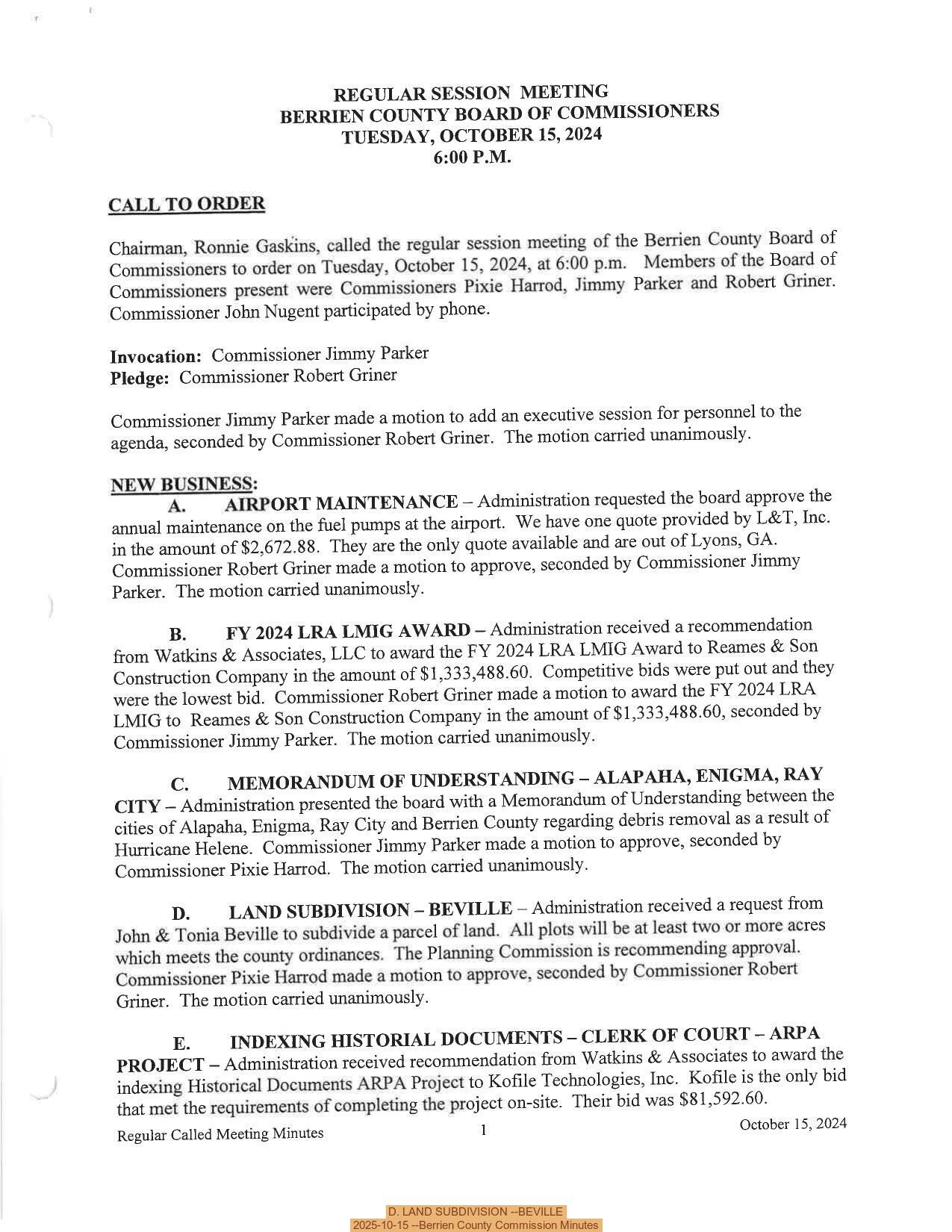 D. LAND SUBDIVISION --BEVILLE, 2025-10-15 --Berrien County Commission Minutes