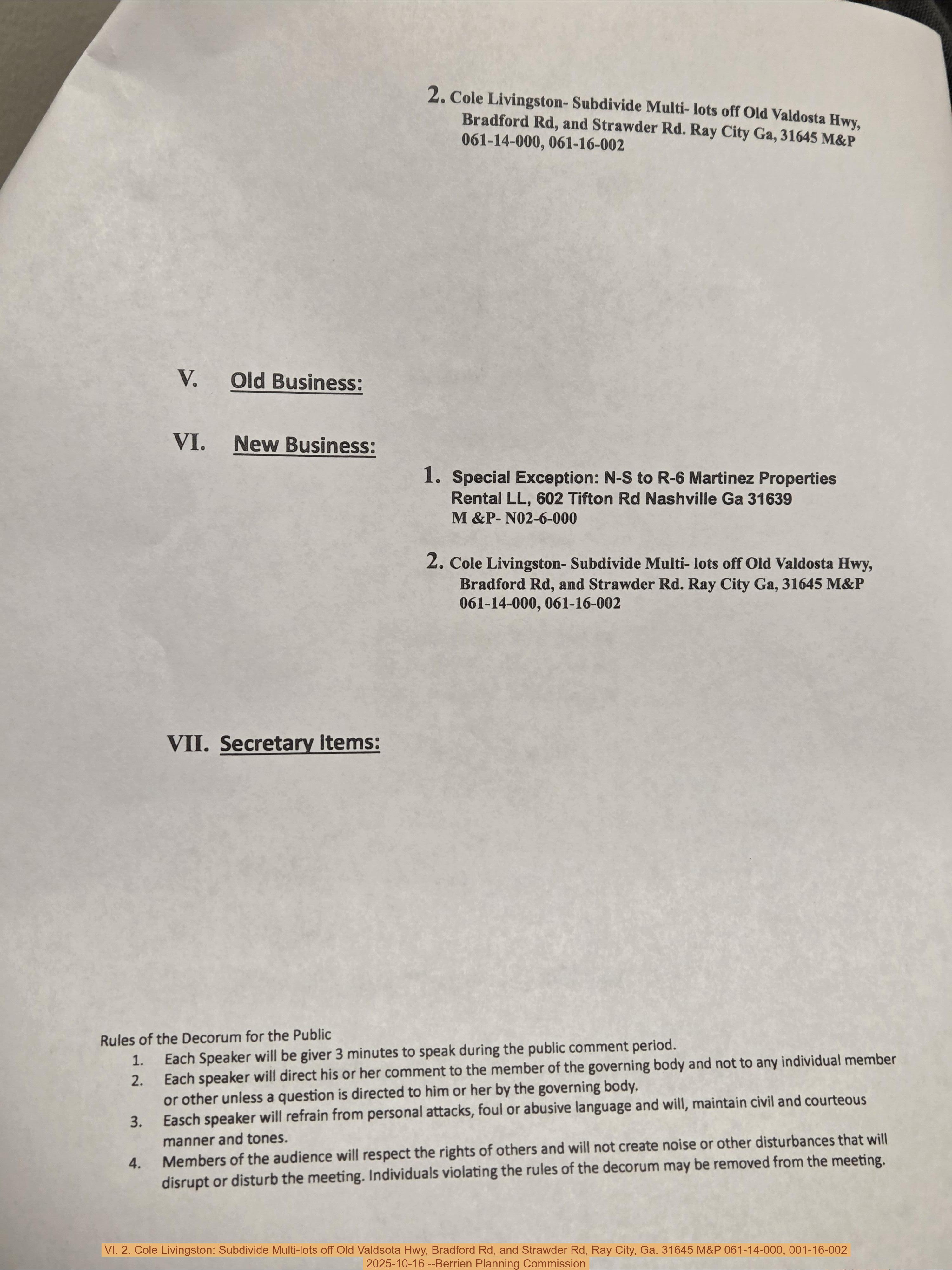 VI. 2. Cole Livingston: Subdivide Multi-lots off Old Valdsota Hwy, Bradford Rd, and Strawder Rd, Ray City, Ga. 31645 M&P 061-14-000, 001-16-002, 2025-10-16 --Berrien Planning Commission