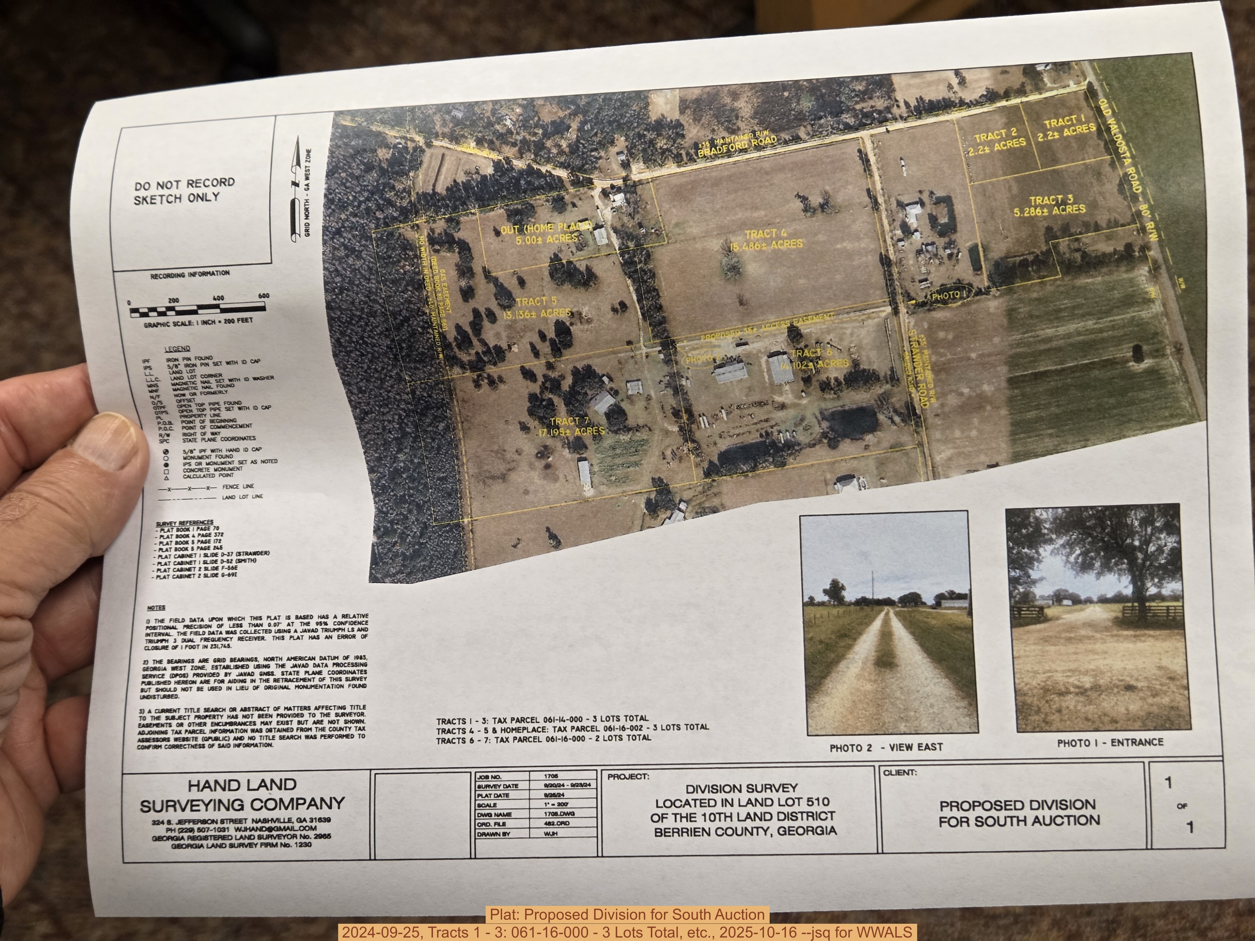 Plat: Proposed Division for South Auction 2024-09-25, Tracts 1 - 3: 061-16-000 - 3 Lots Total, etc., 2025-10-16 --jsq for WWALS