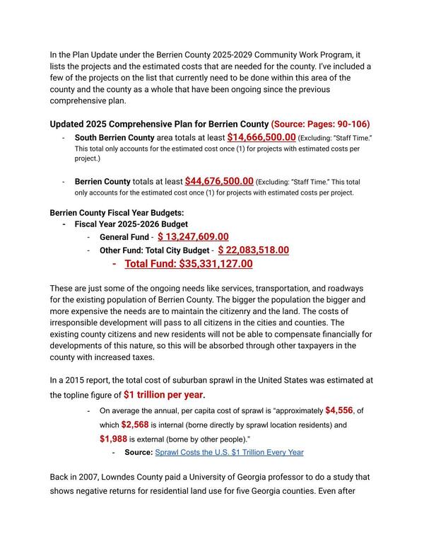 In the Plan Update under the Berrien County 2025-2029 Community Work Program, it lists the projects and the estimated costs that are needed for the county.