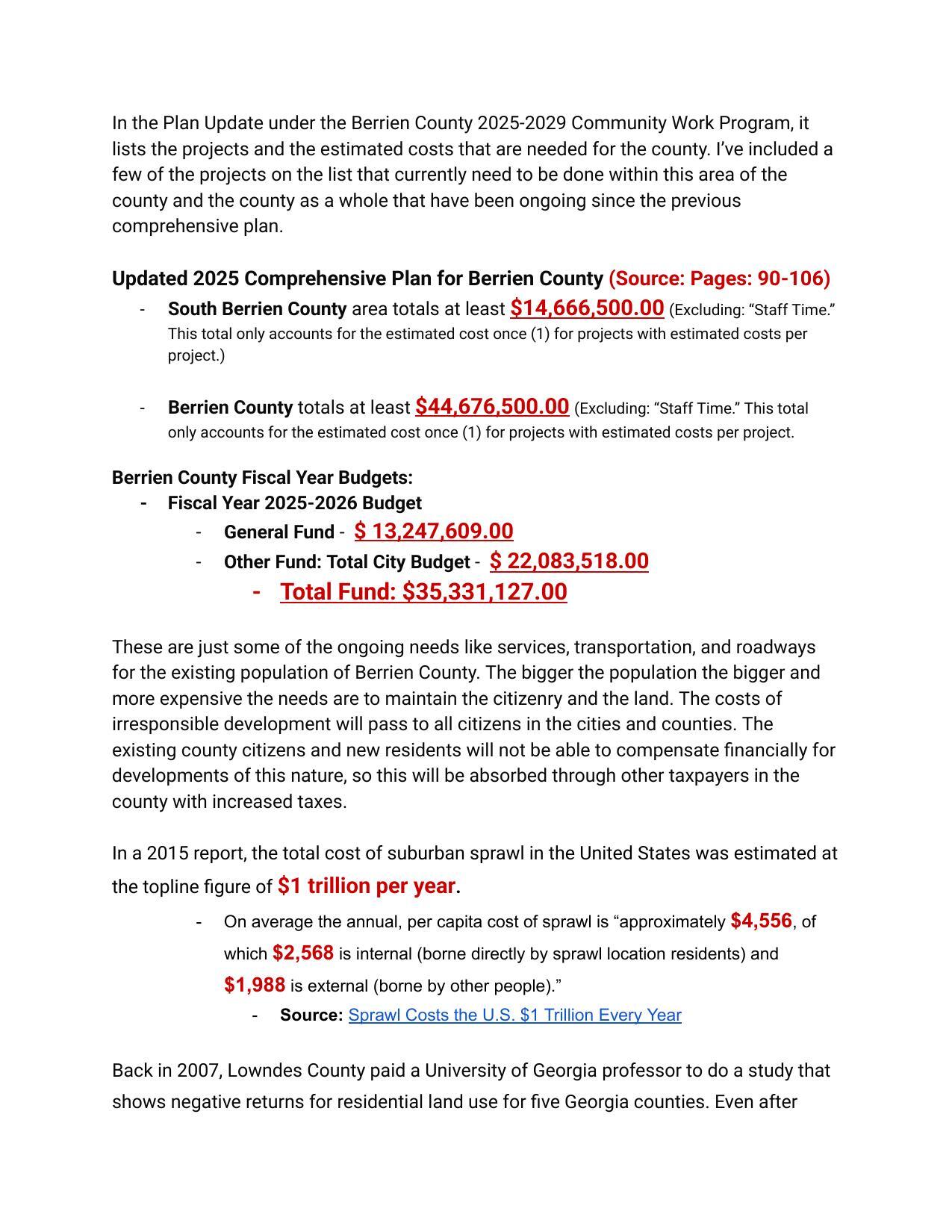 In the Plan Update under the Berrien County 2025-2029 Community Work Program, it lists the projects and the estimated costs that are needed for the county.