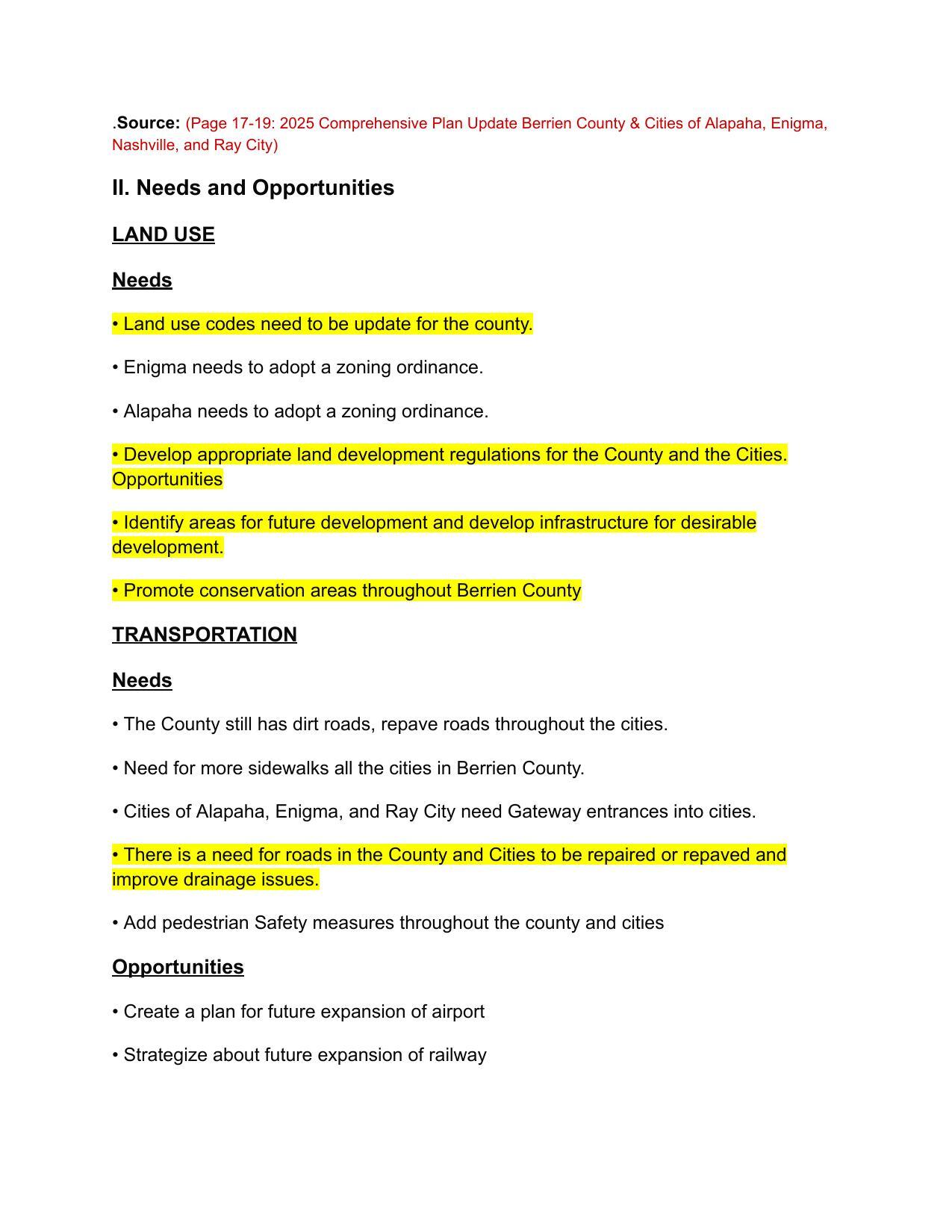 II. Needs and Opportunities: Land Use and Transportation