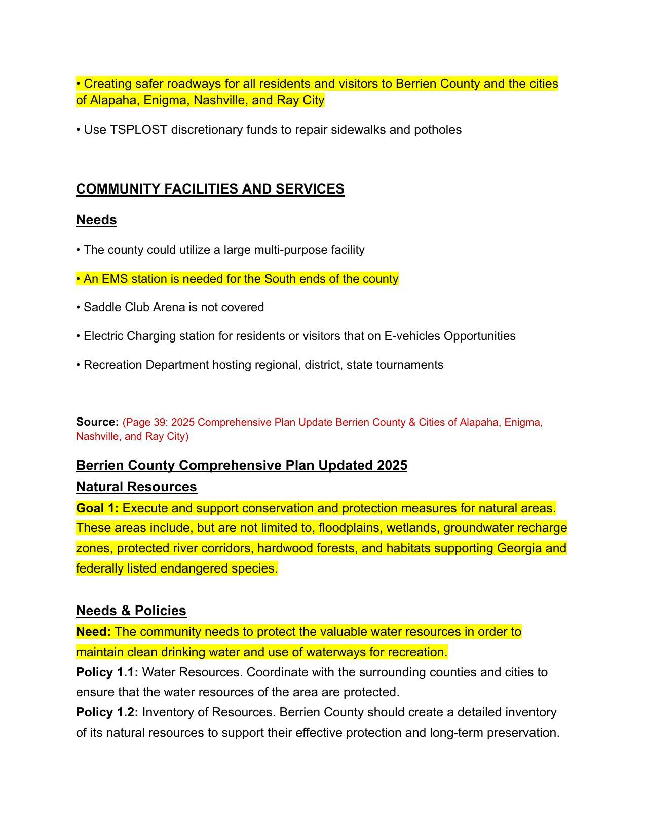 COMMUNITY FACILITIES AND SERVICES Needs; Natural Resources Goals --Comprehensive Plan