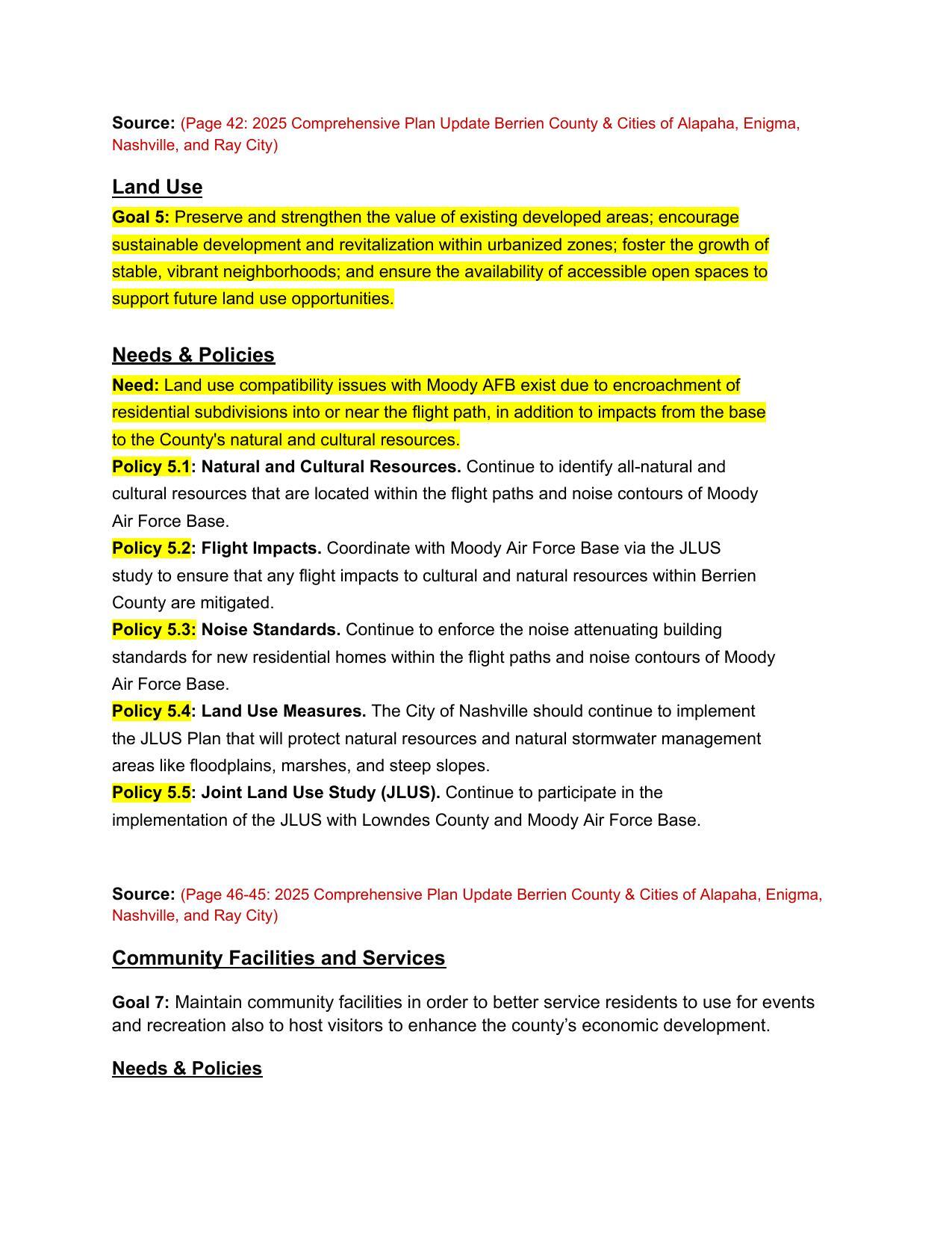 Land Use Goals and Needs --Comprehensive Plan
