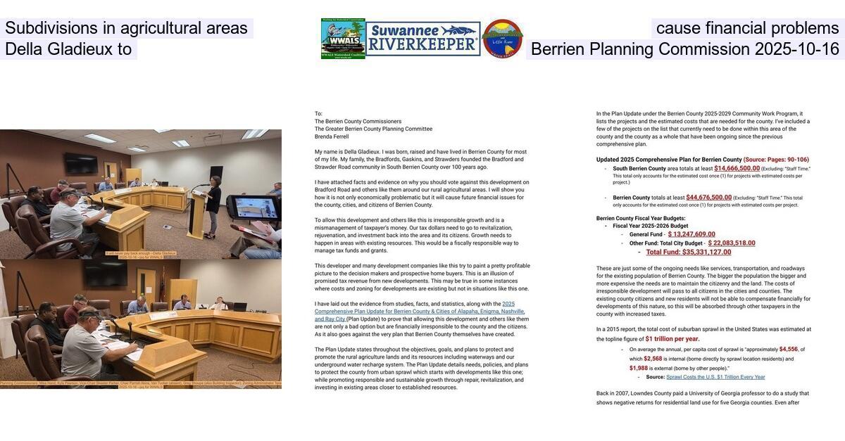 Subdivisions in agricultural areas cause financial problems --Della Gladieux to Berrien Planning Commission 2025-10-16