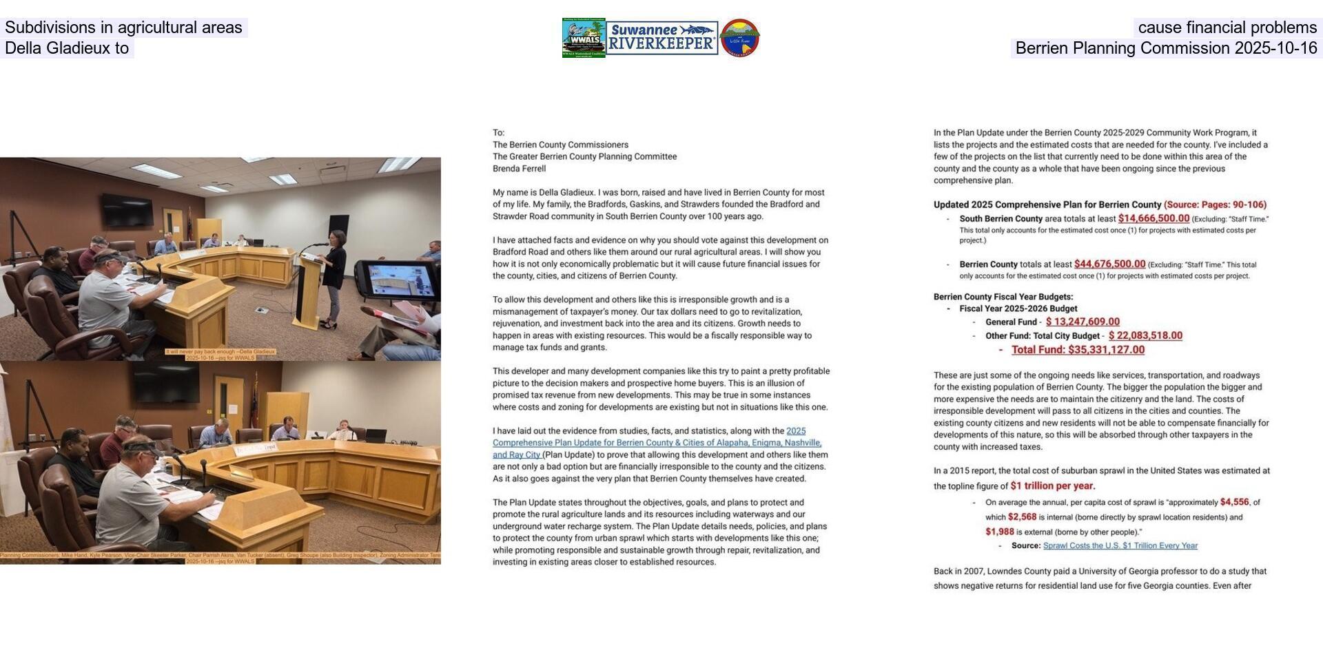 Subdivisions in agricultural areas cause financial problems --Della Gladieux to Berrien Planning Commission 2025-10-16