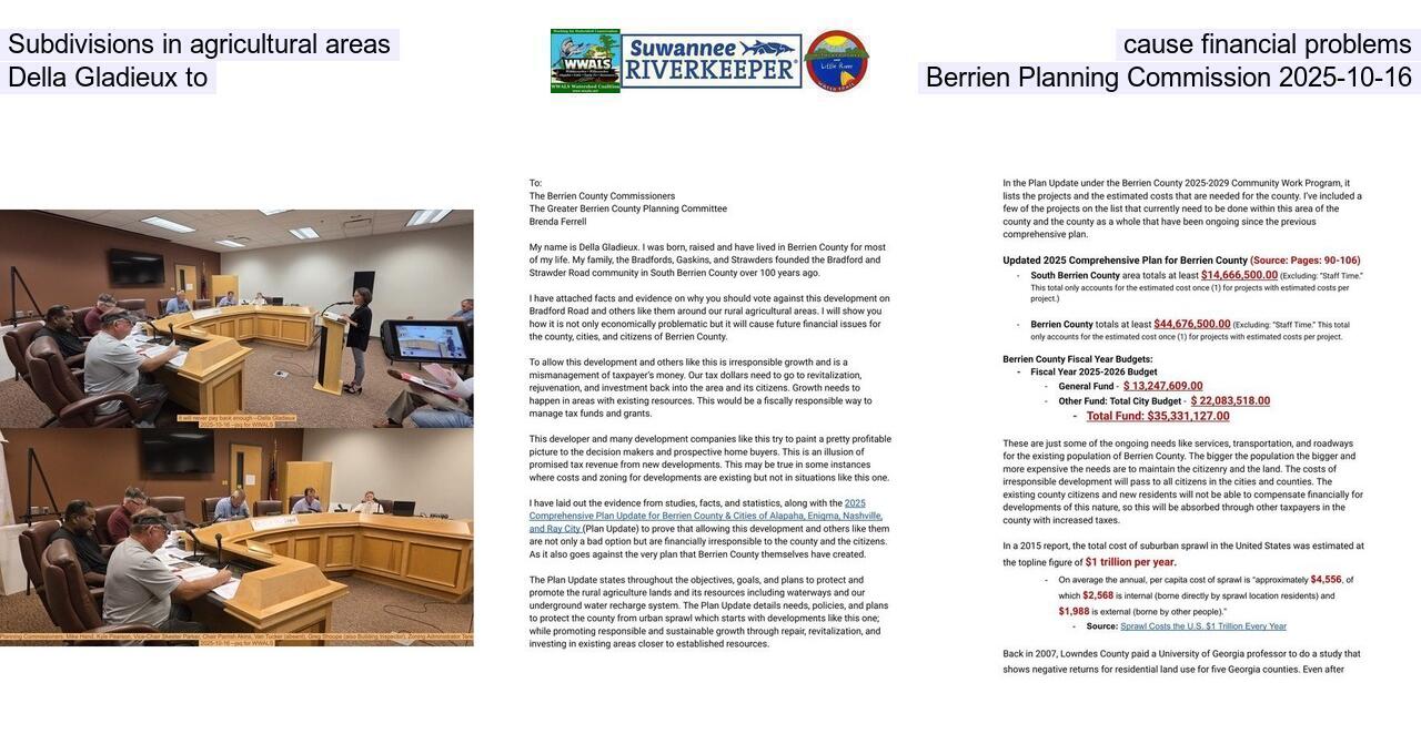 Subdivisions in agricultural areas cause financial problems --Della Gladieux to Berrien Planning Commission 2025-10-16