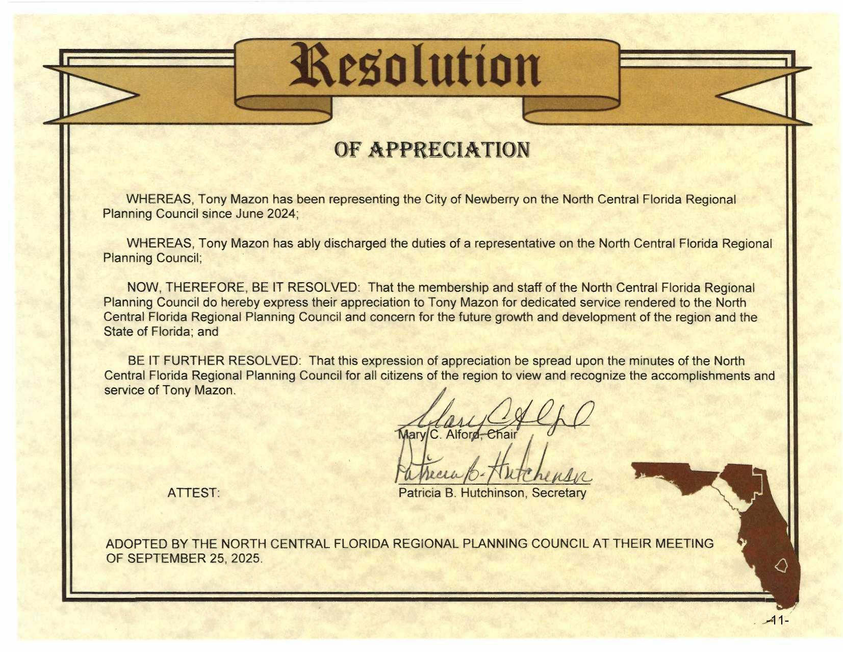 Resolution for Tony Mazon, City of Newberry