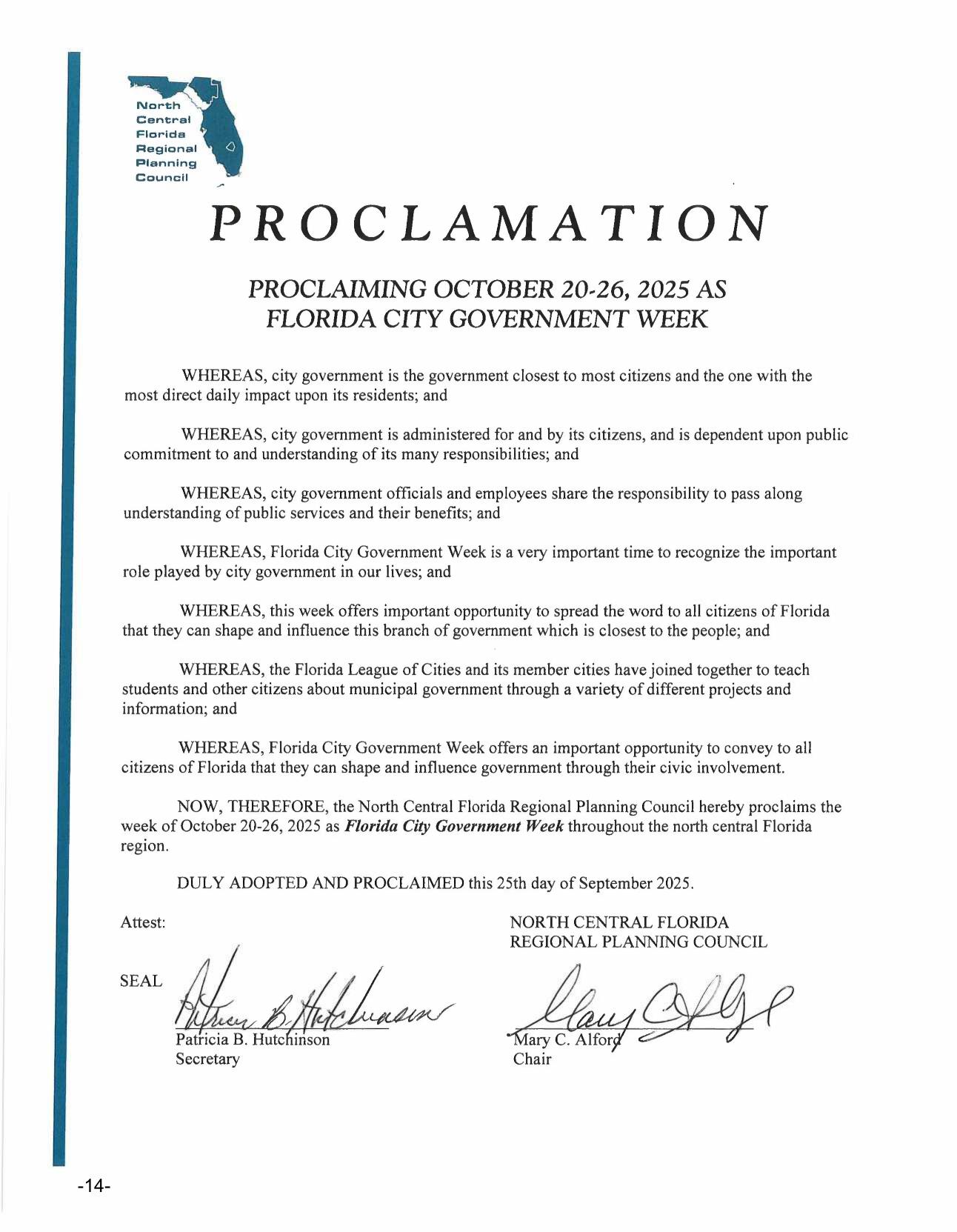 Proclamation: Florida City Government Week October 20-26, 2025